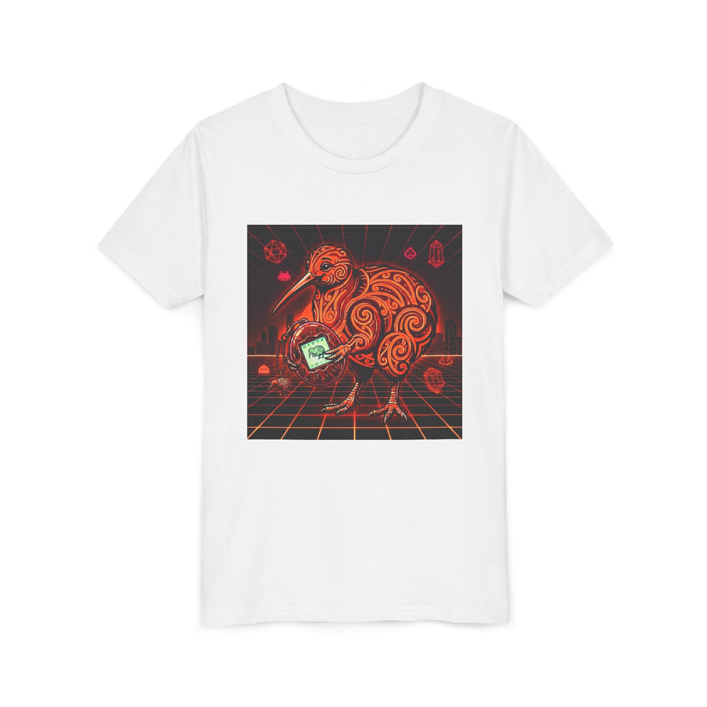 Youth Tee — Neon Tamagotchi Kiwi Retro Sci‑Fi Bird Graphic