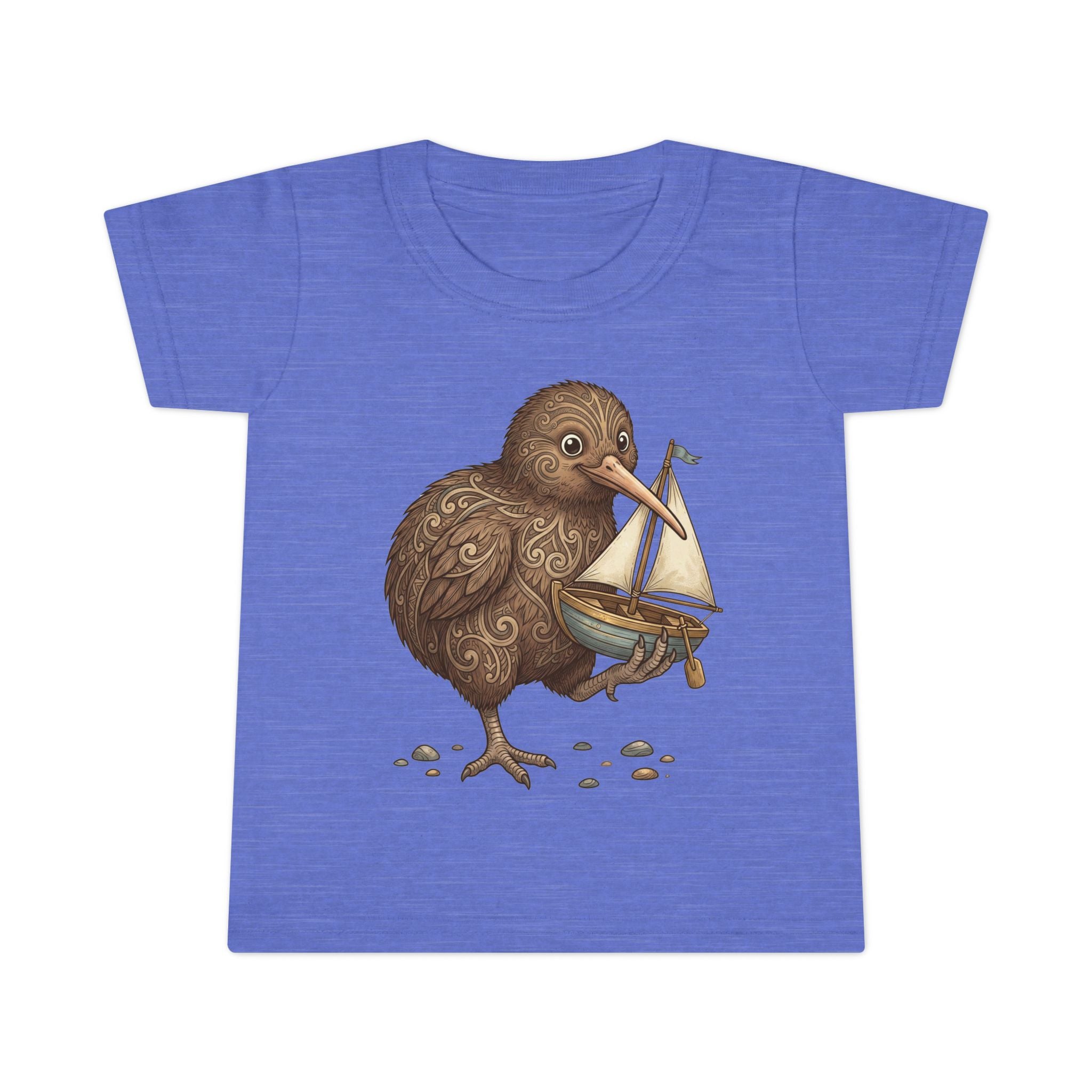 Toddler T-Shirt — Whimsical Kiwi Bird Holding Toy Sailboat Kids Tee