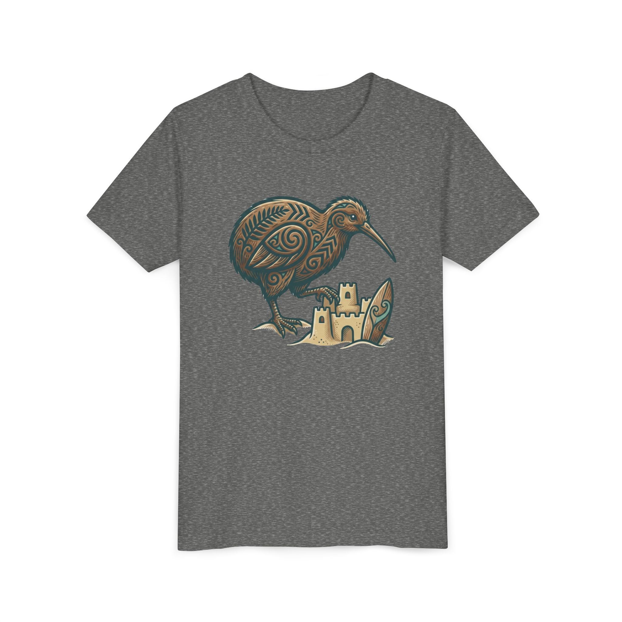 Youth Tee — Kiwi Bird & Sandcastle Kids T‑Shirt (Cute Beach Animal Design)