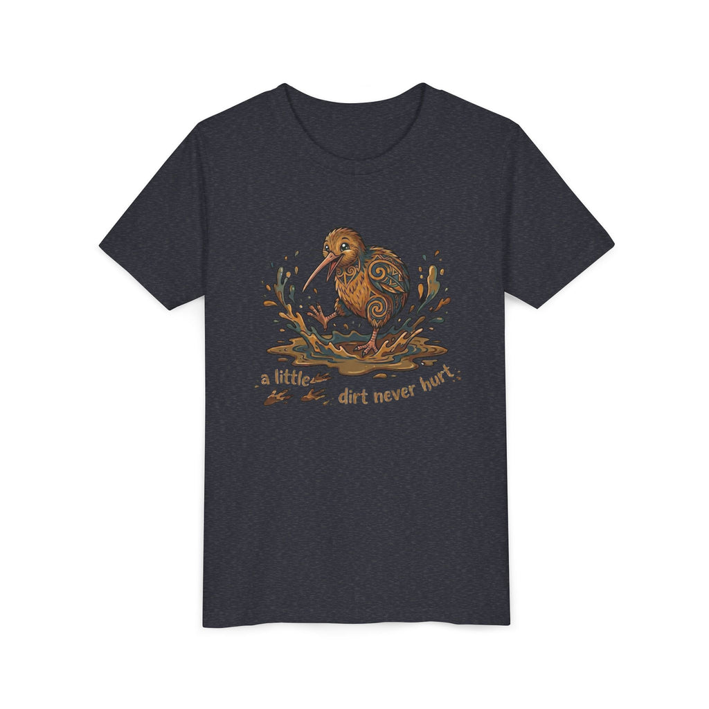 Youth Tee — Cute Kiwi Bird Splash “a little dirt never hurt” Kids Graphic Shirt