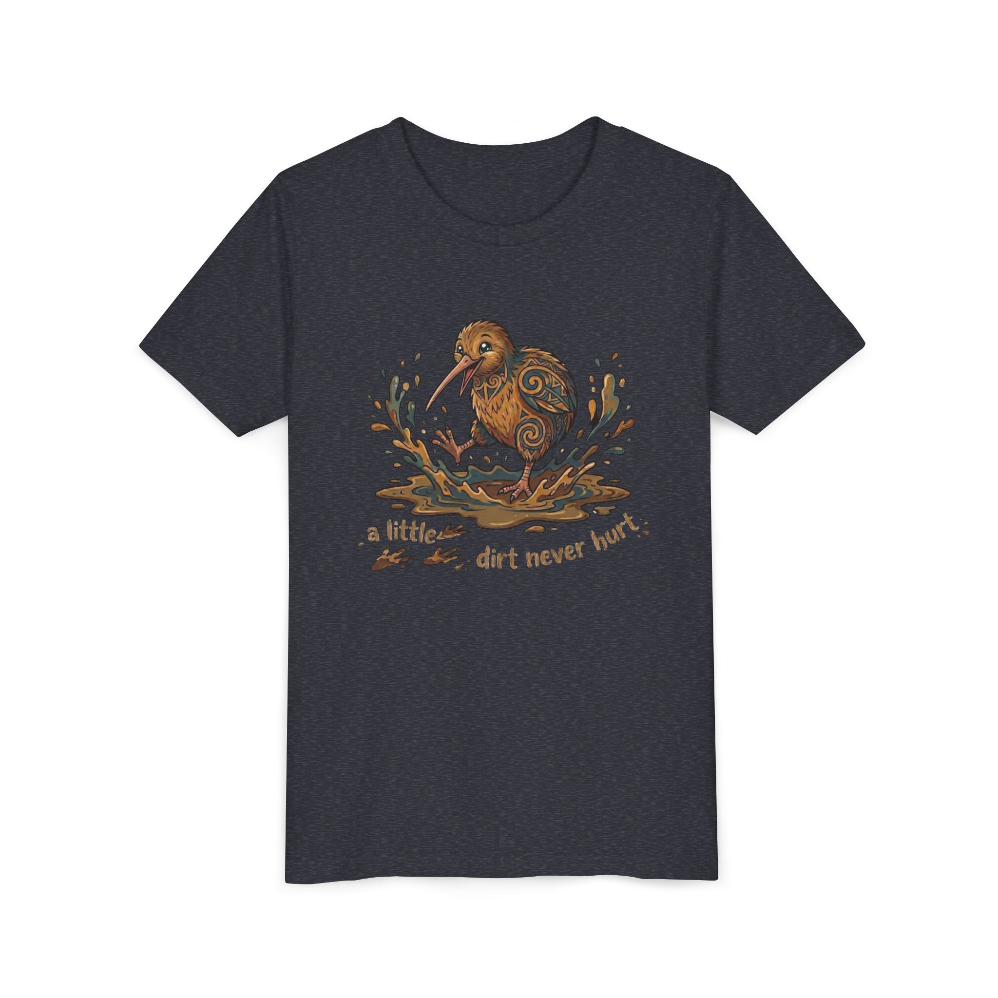 Youth Tee — Cute Kiwi Bird Splash “a little dirt never hurt” Kids Graphic Shirt