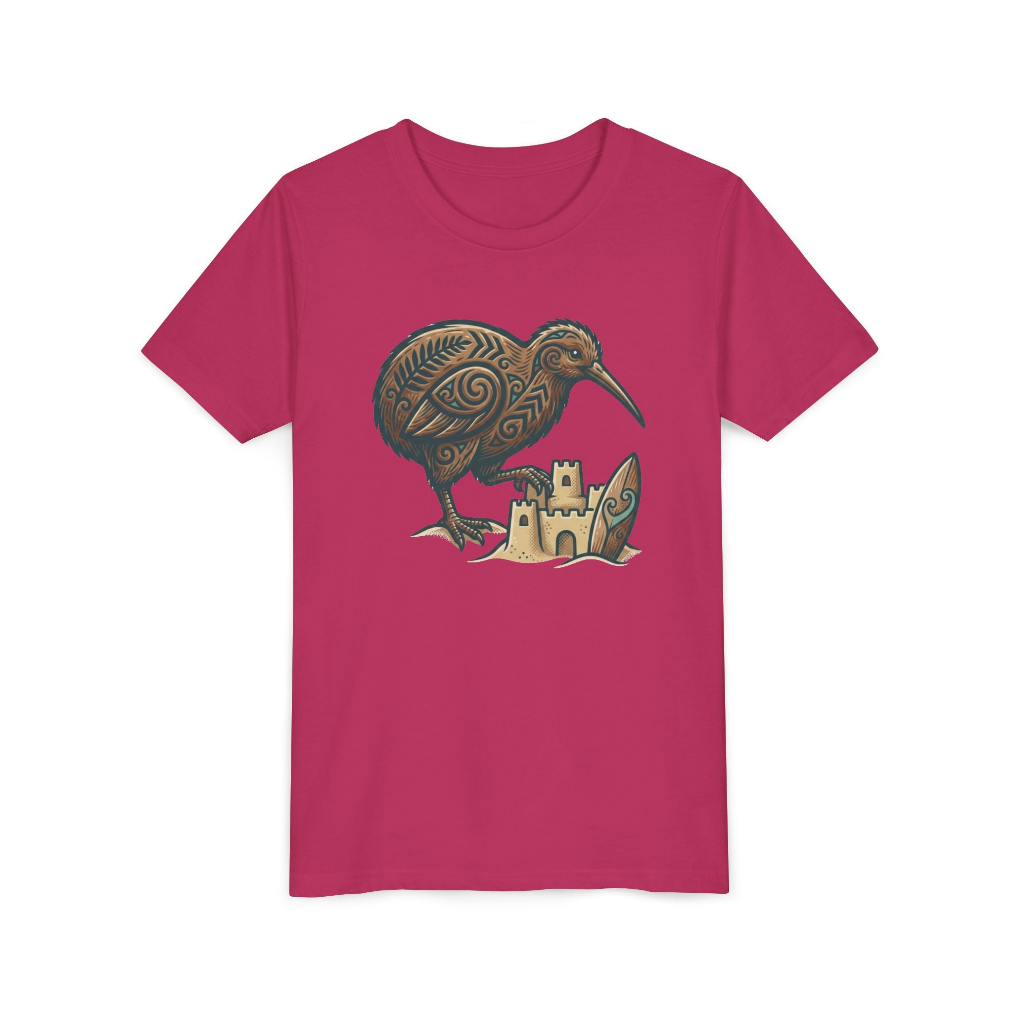 Youth Tee — Kiwi Bird & Sandcastle Kids T‑Shirt (Cute Beach Animal Design)