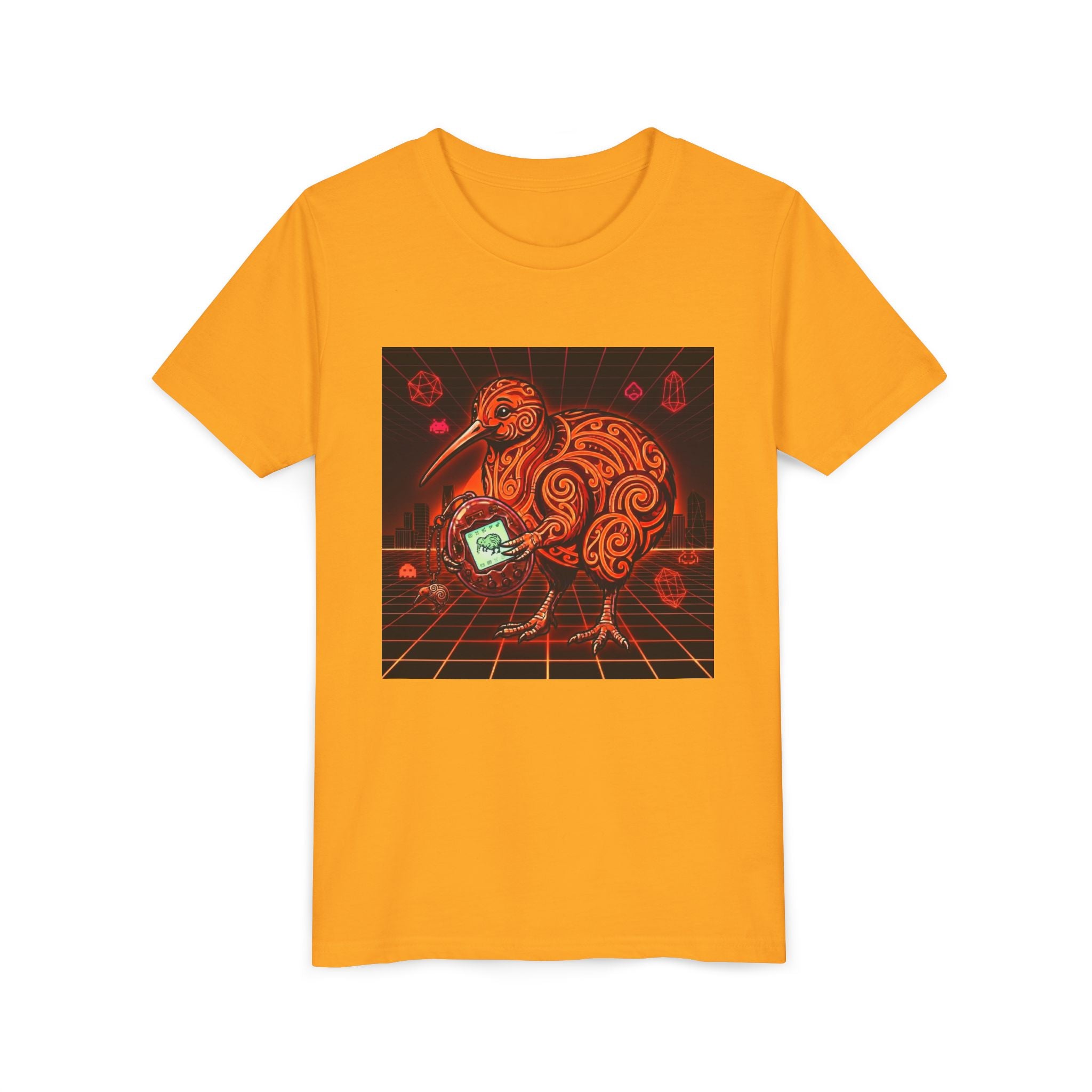 Youth Tee — Neon Tamagotchi Kiwi Retro Sci‑Fi Bird Graphic