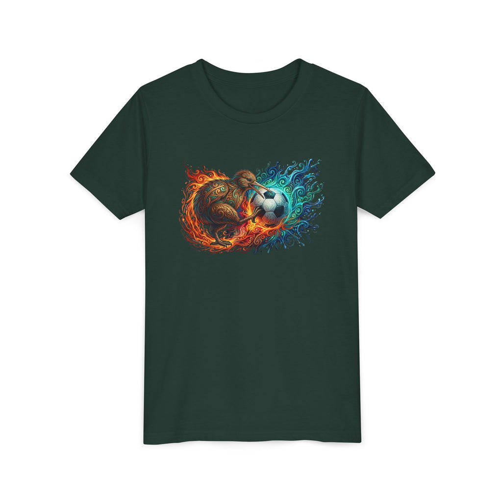 Youth Soccer Kiwi T‑Shirt — Fire & Water Soccer Ball Graphic Tee