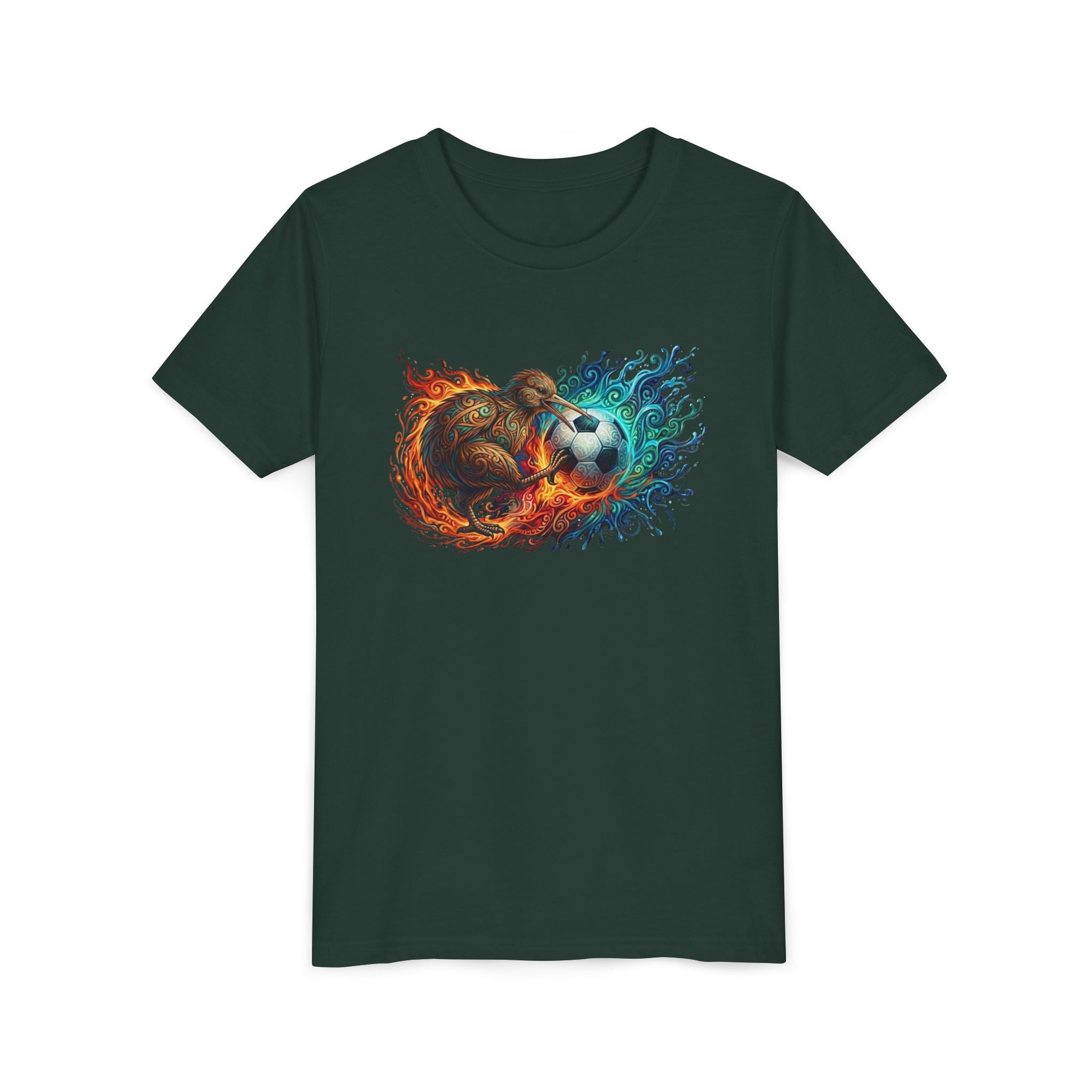 Youth Soccer Kiwi T‑Shirt — Fire & Water Soccer Ball Graphic Tee
