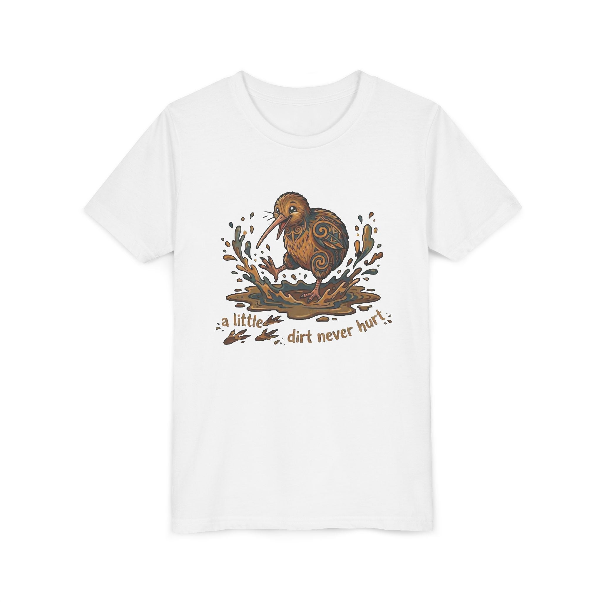Youth Tee — Cute Kiwi Bird Splash “a little dirt never hurt” Kids Graphic Shirt