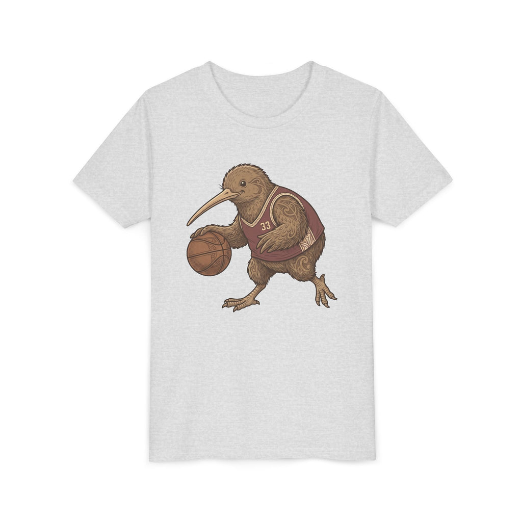 Kids Kiwi Basketball T‑Shirt — Cute Kiwi Bird Dribbling Graphic Tee