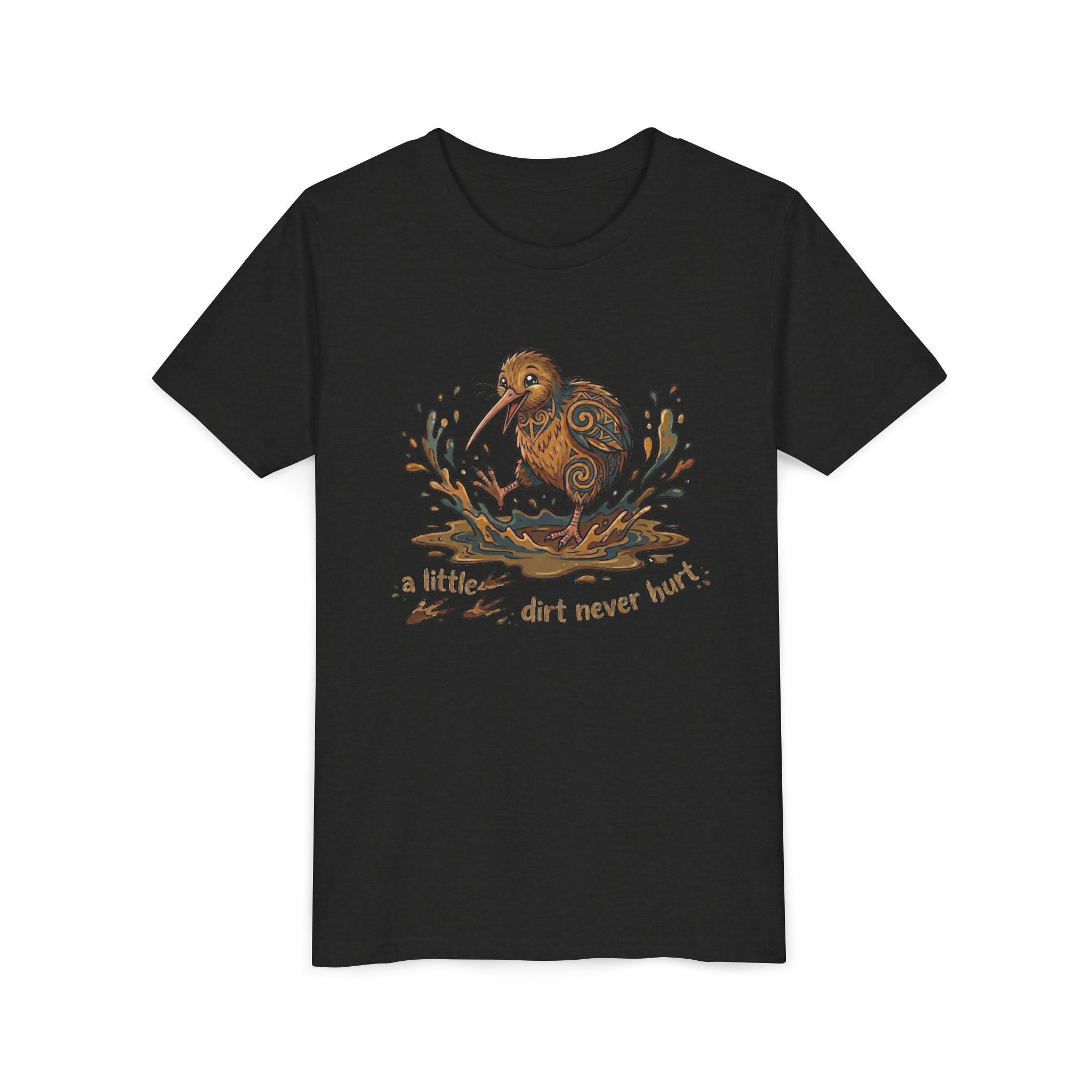 Youth Tee — Cute Kiwi Bird Splash “a little dirt never hurt” Kids Graphic Shirt