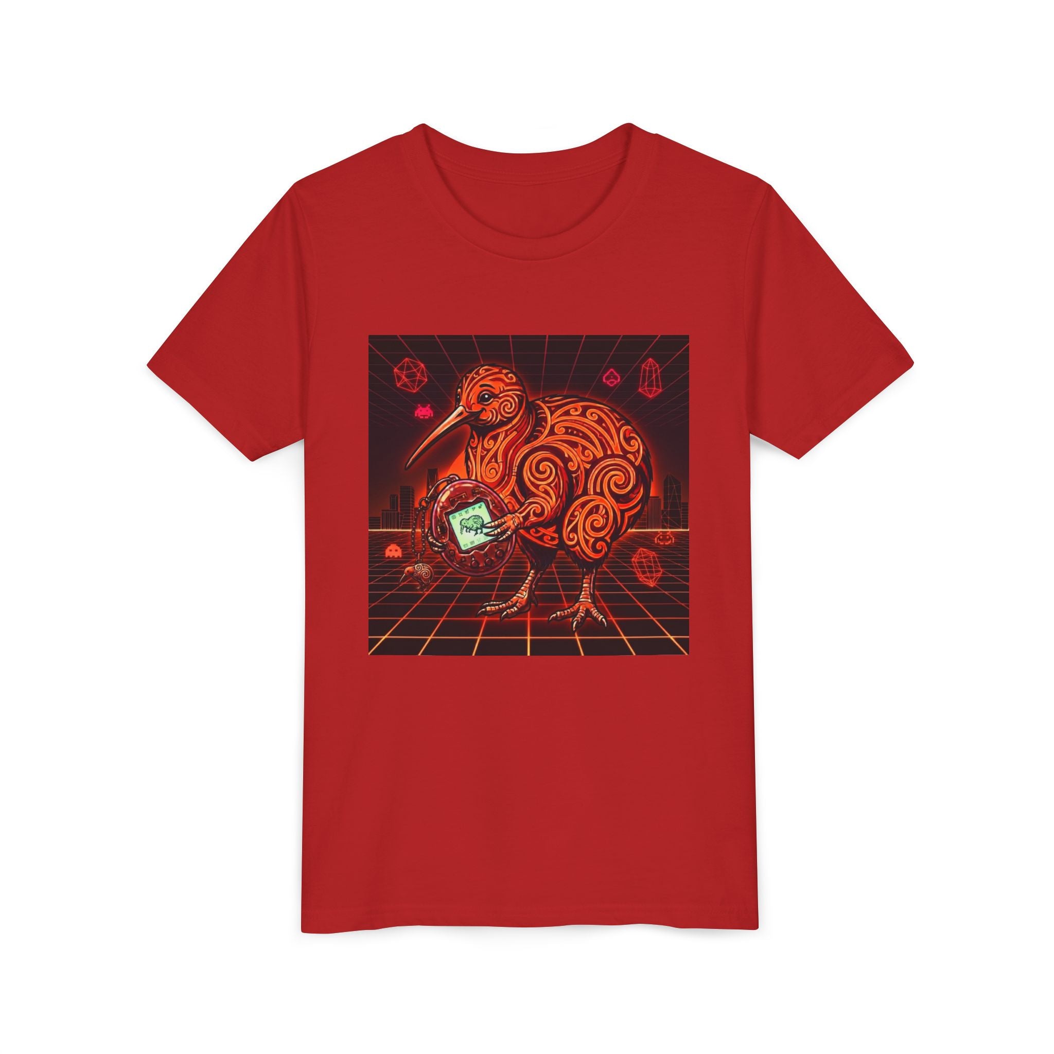 Youth Tee — Neon Tamagotchi Kiwi Retro Sci‑Fi Bird Graphic