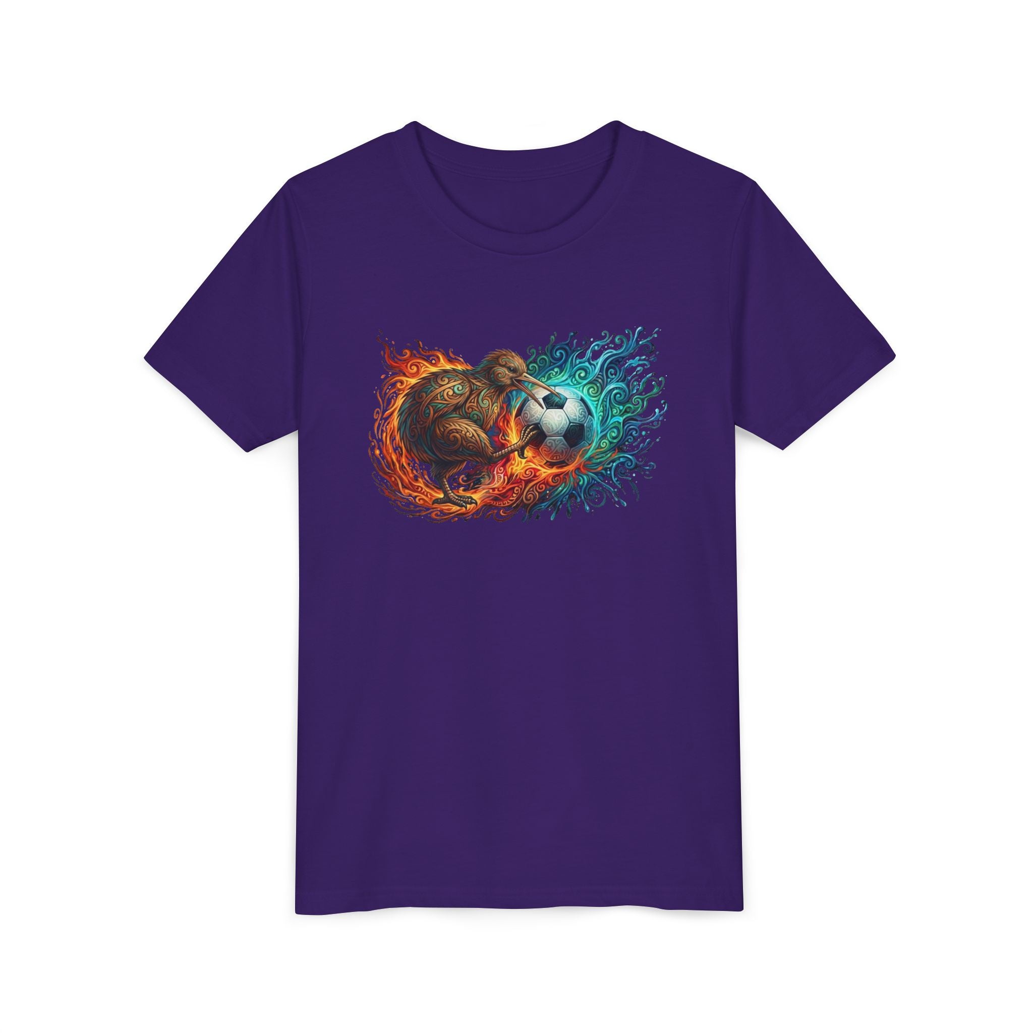 Youth Soccer Kiwi T‑Shirt — Fire & Water Soccer Ball Graphic Tee