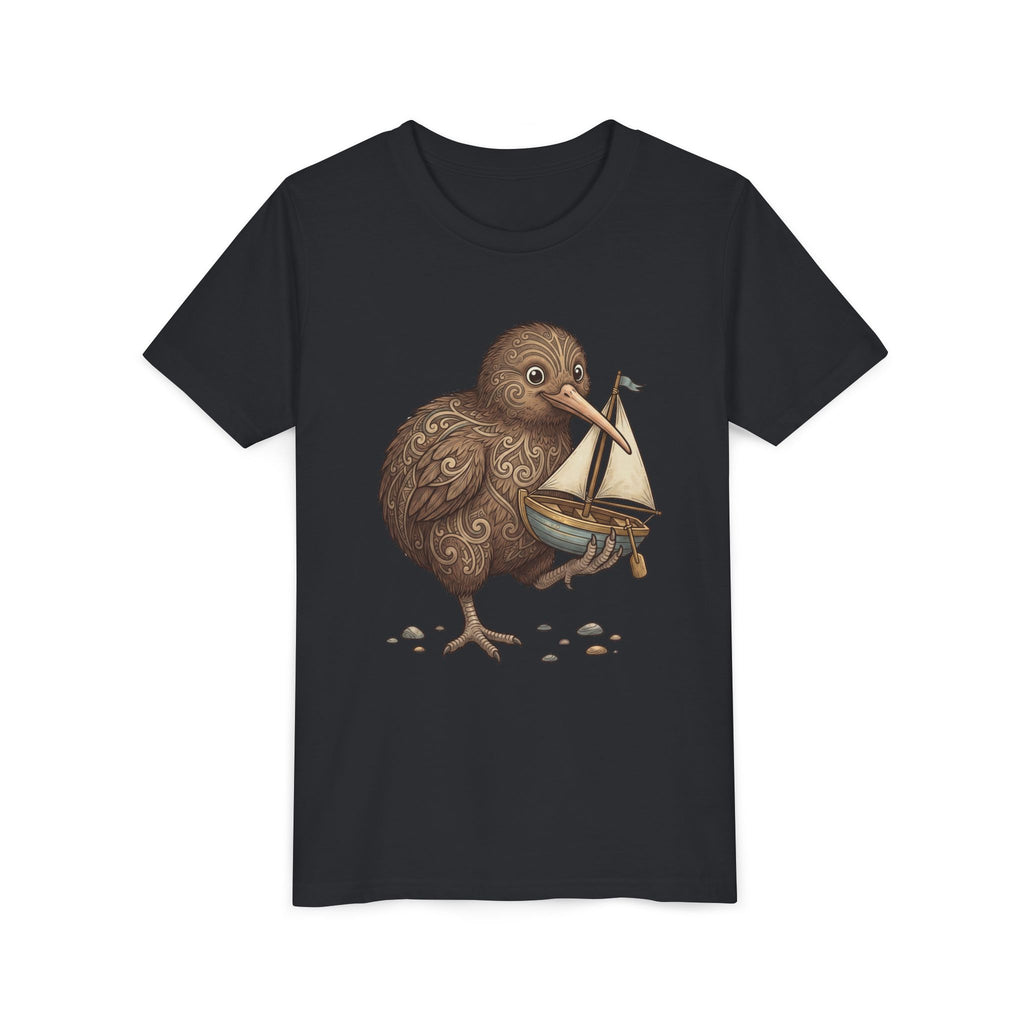 Youth T‑Shirt — Cute Kiwi Bird Holding Toy Sailboat Kids Tee
