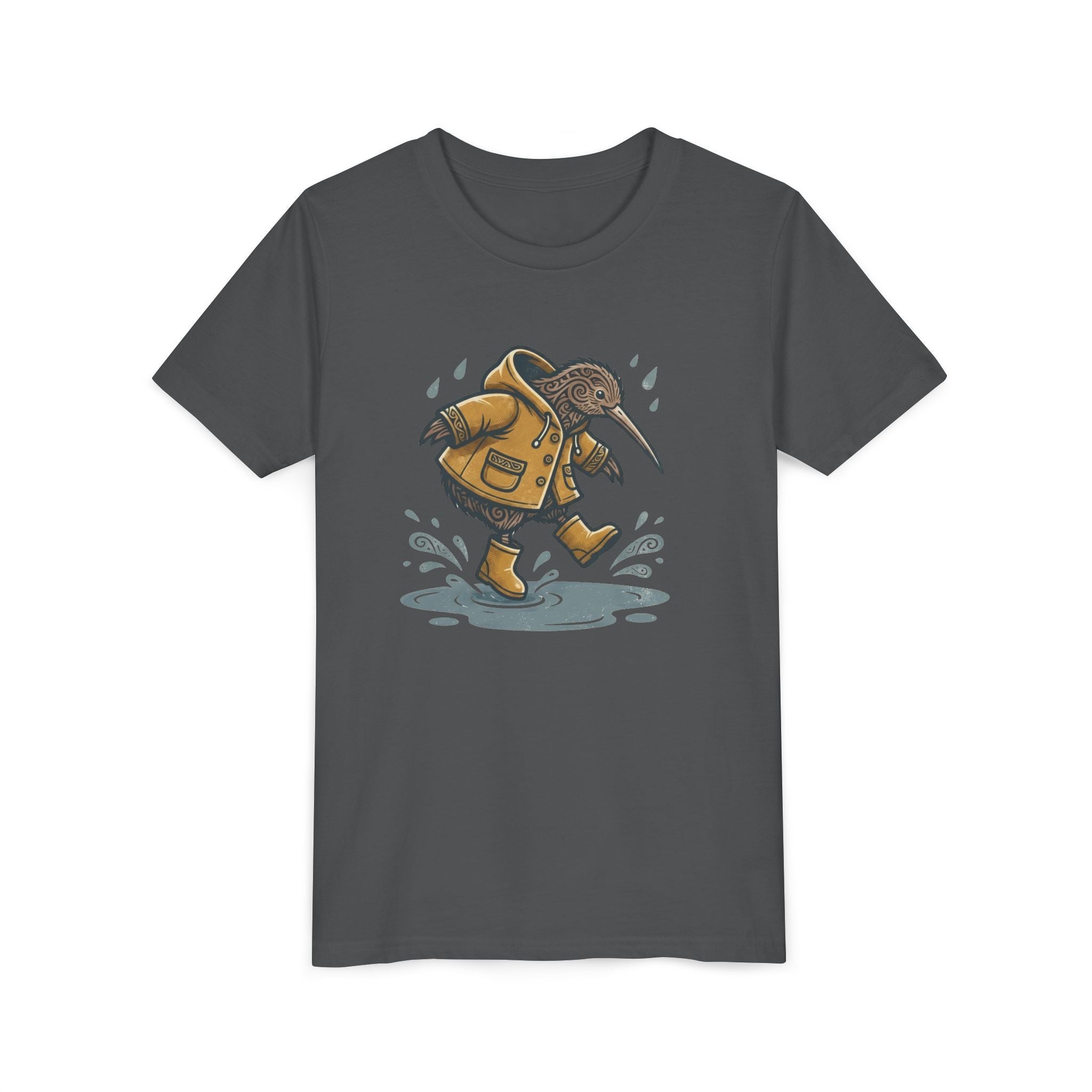 Youth T‑Shirt — Cute Kiwi Bird in Raincoat Splash Design