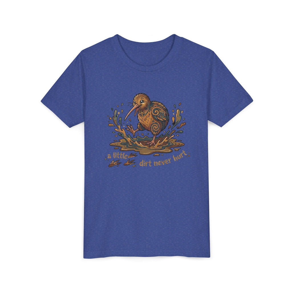 Youth Tee — Cute Kiwi Bird Splash “a little dirt never hurt” Kids Graphic Shirt