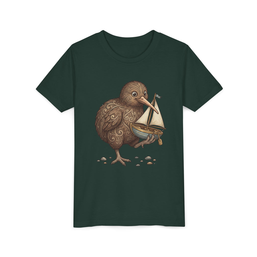 Youth T‑Shirt — Cute Kiwi Bird Holding Toy Sailboat Kids Tee