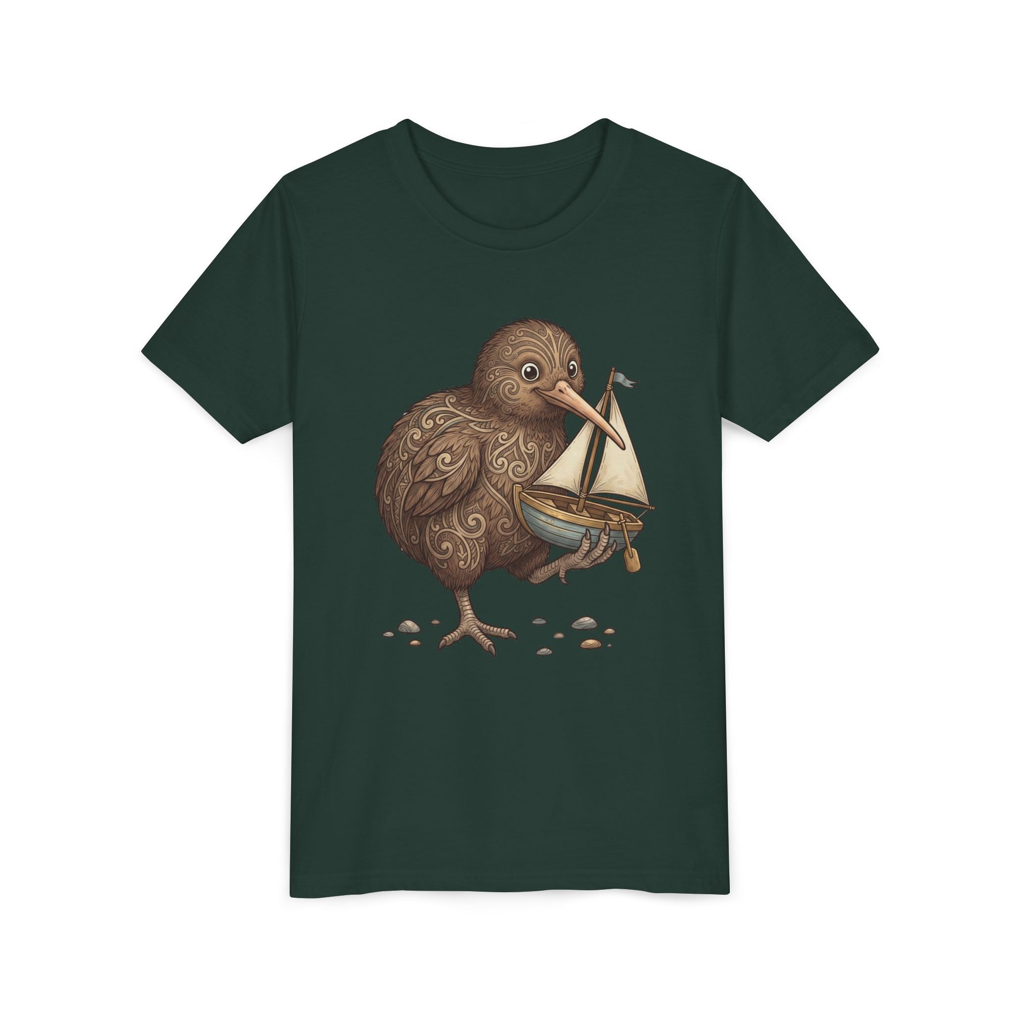 Youth T‑Shirt — Cute Kiwi Bird Holding Toy Sailboat Kids Tee