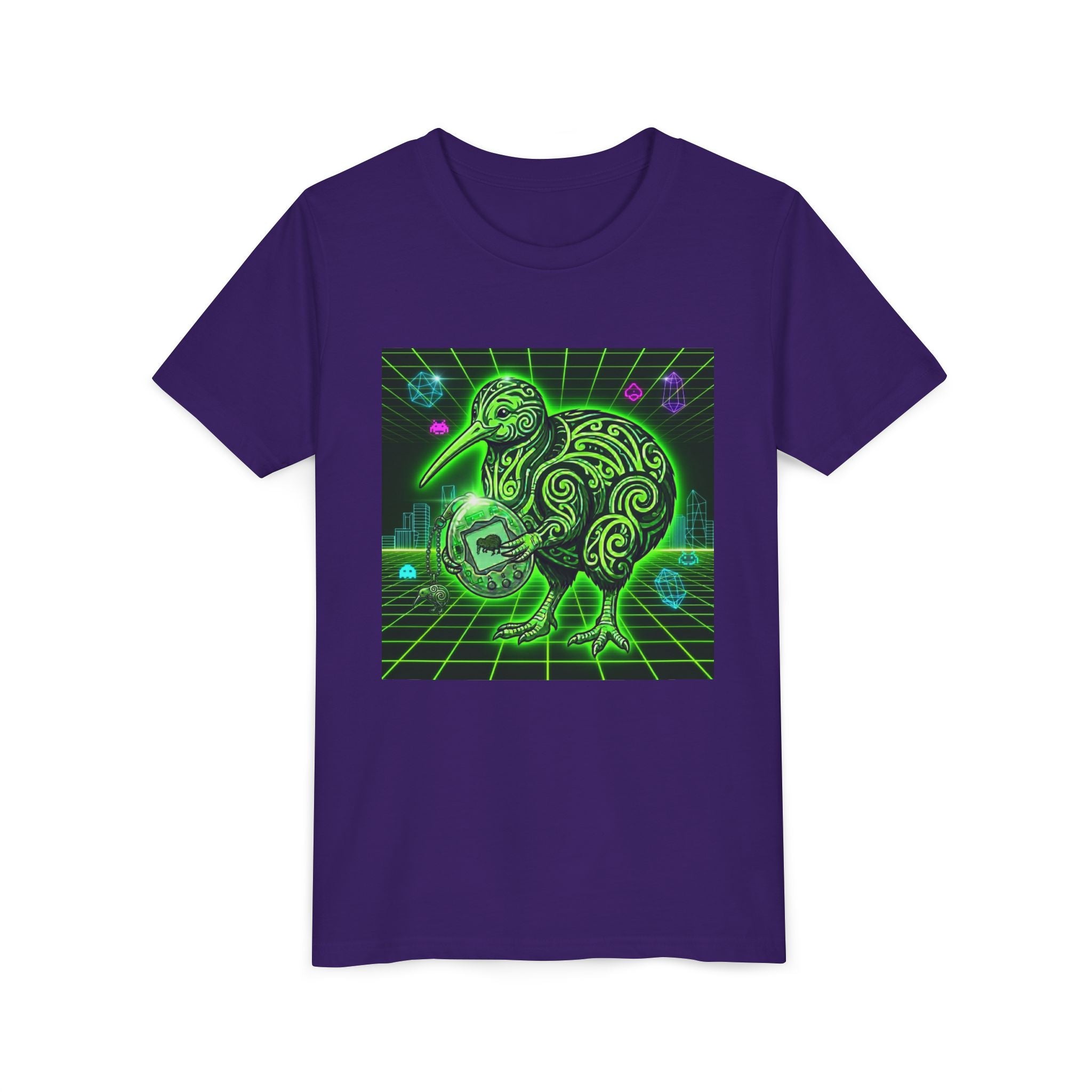 Retro Neon Green Kiwi Bird Youth Tee — Futuristic Tamagotchi Tribal Kiwi Graphic Shirt