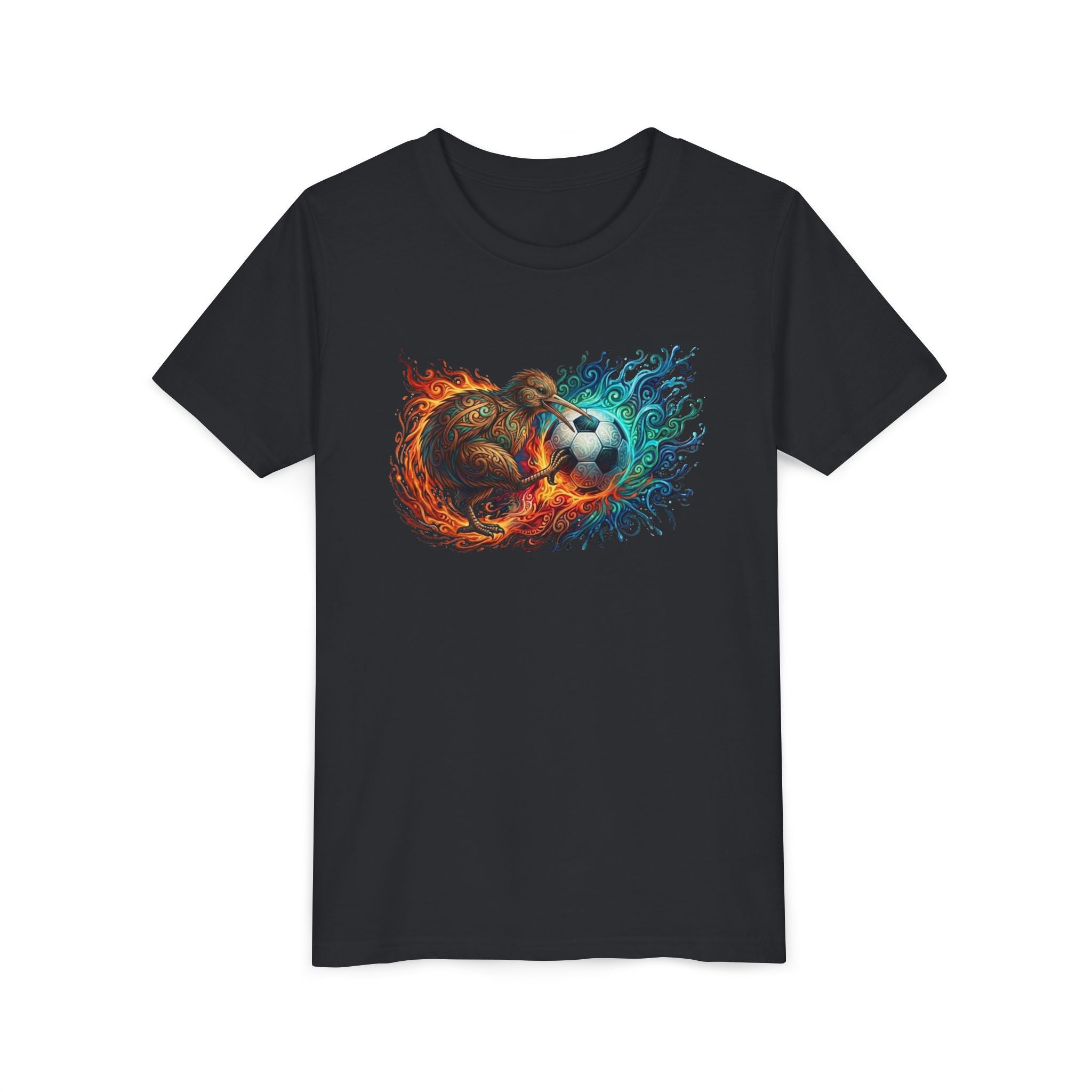 Youth Soccer Kiwi T‑Shirt — Fire & Water Soccer Ball Graphic Tee