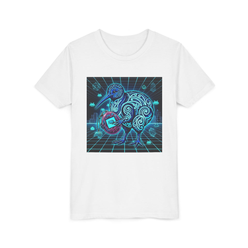 Youth Tee — Neon Tamagotchi Tribal Kiwi Bird Graphic