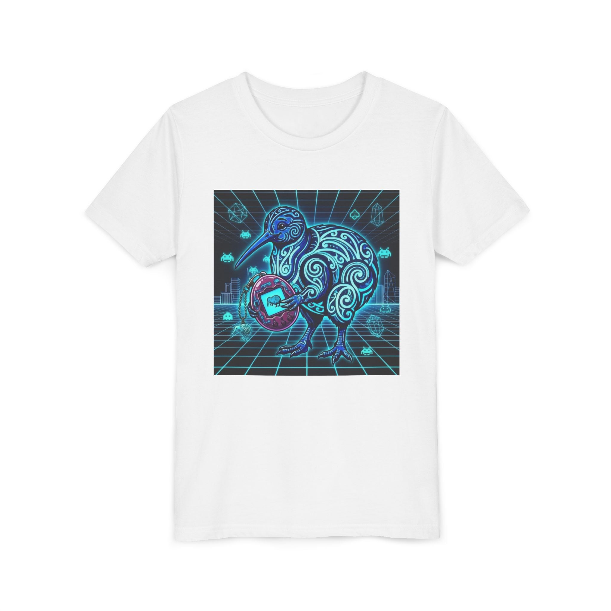 Youth Tee — Neon Tamagotchi Tribal Kiwi Bird Graphic