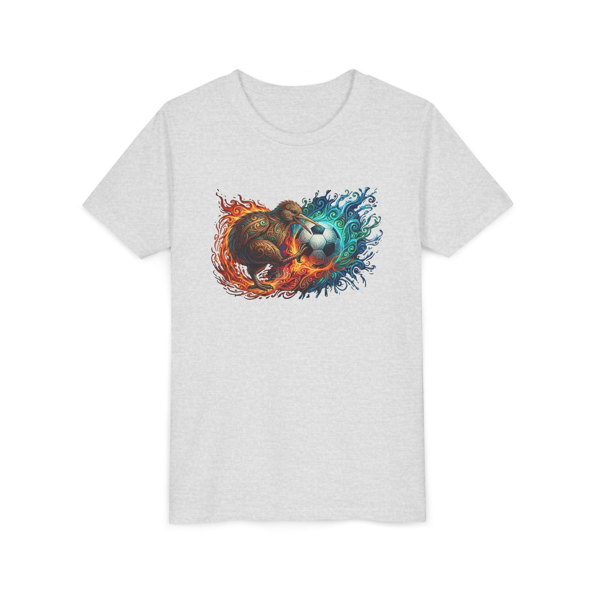 Youth Soccer Kiwi T‑Shirt — Fire & Water Soccer Ball Graphic Tee