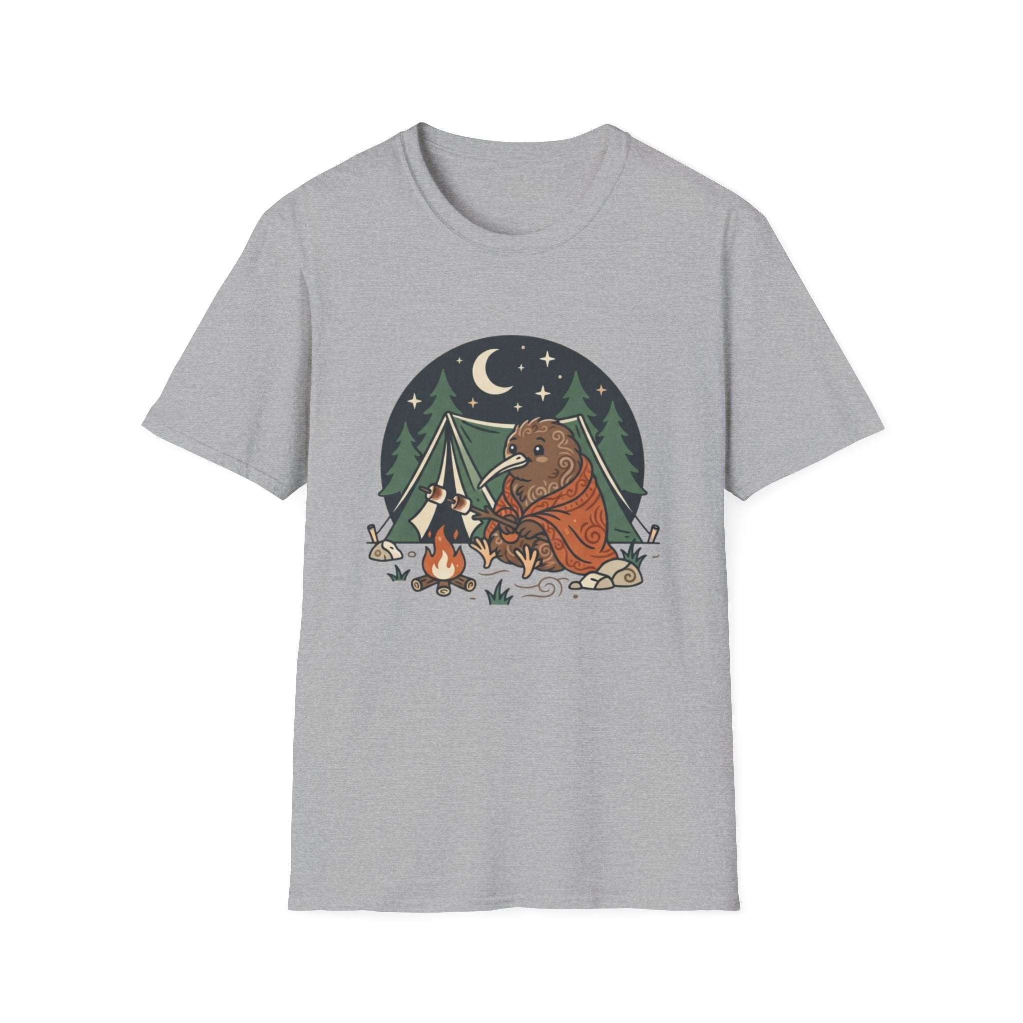 Camping Kiwi T-Shirt — Cute Kiwi Bird by Campfire Night Sky Tee