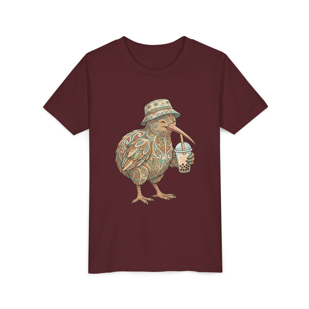 Youth Tee — Whimsical Kiwi Bird Drinking Bubble Tea Graphic