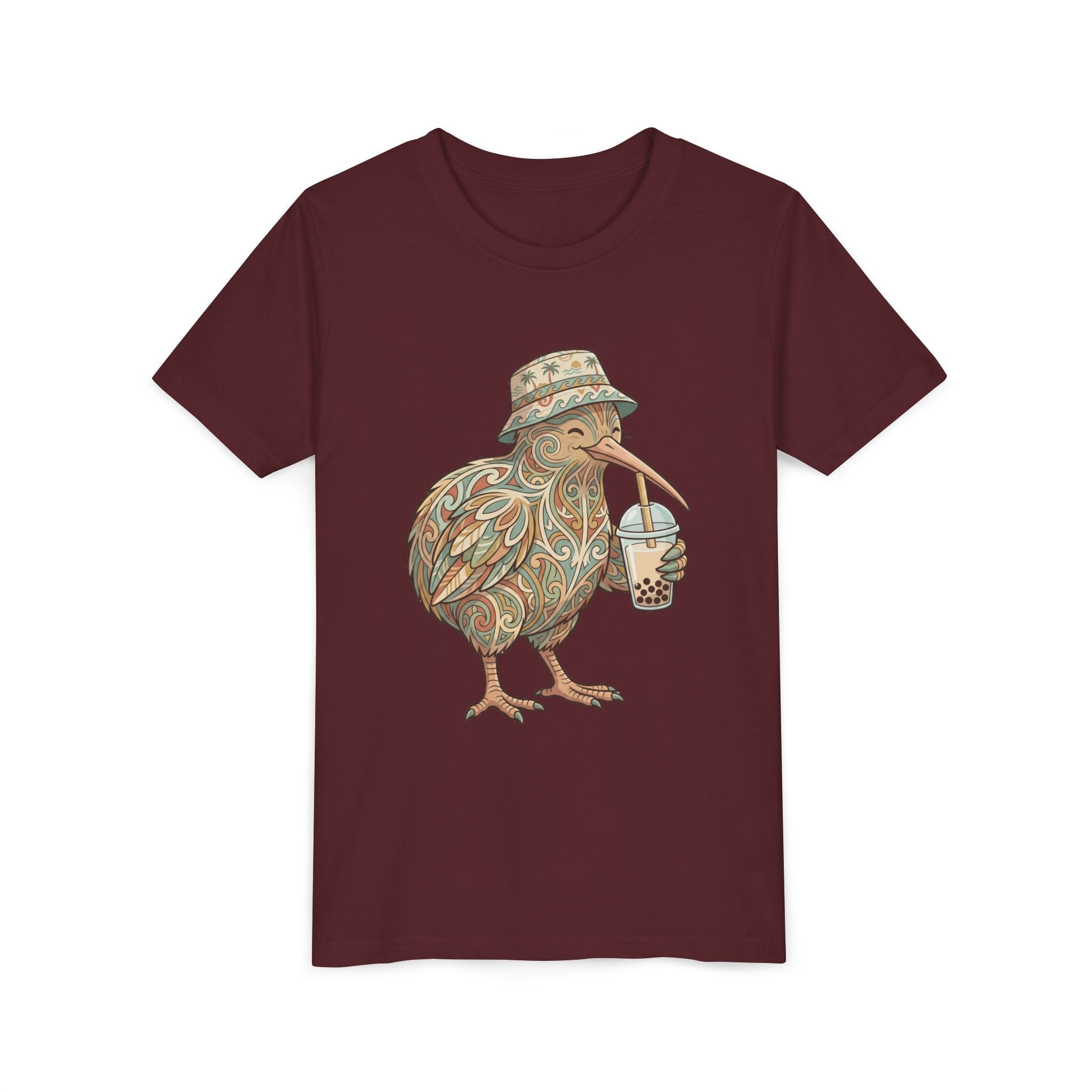Youth Tee — Whimsical Kiwi Bird Drinking Bubble Tea Graphic