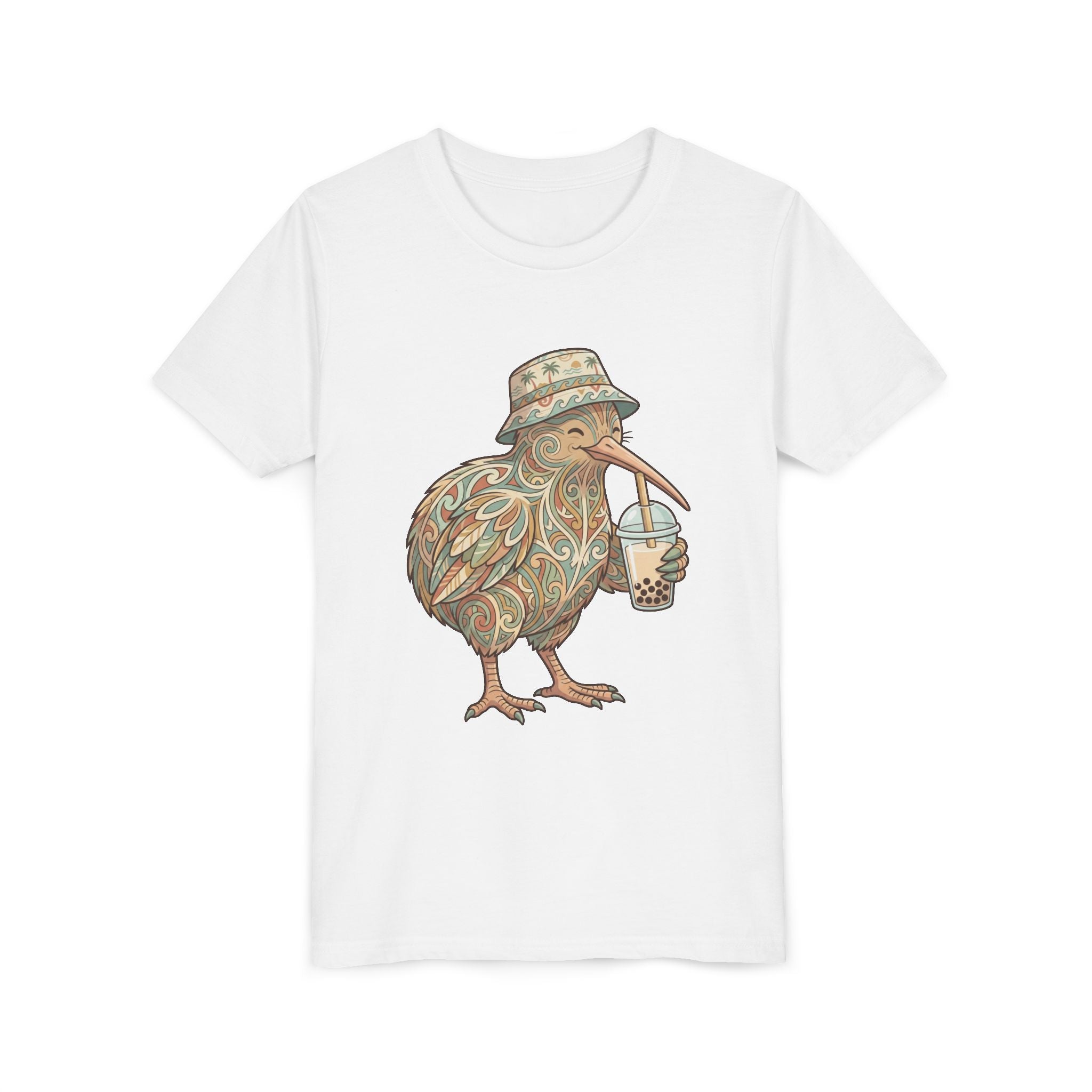 Youth Tee — Whimsical Kiwi Bird Drinking Bubble Tea Graphic