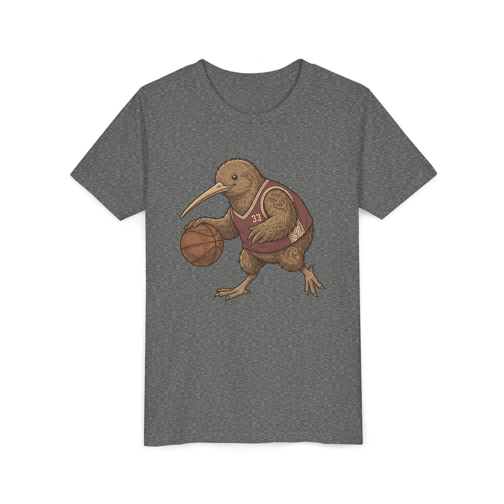 Kids Kiwi Basketball T‑Shirt — Cute Kiwi Bird Dribbling Graphic Tee