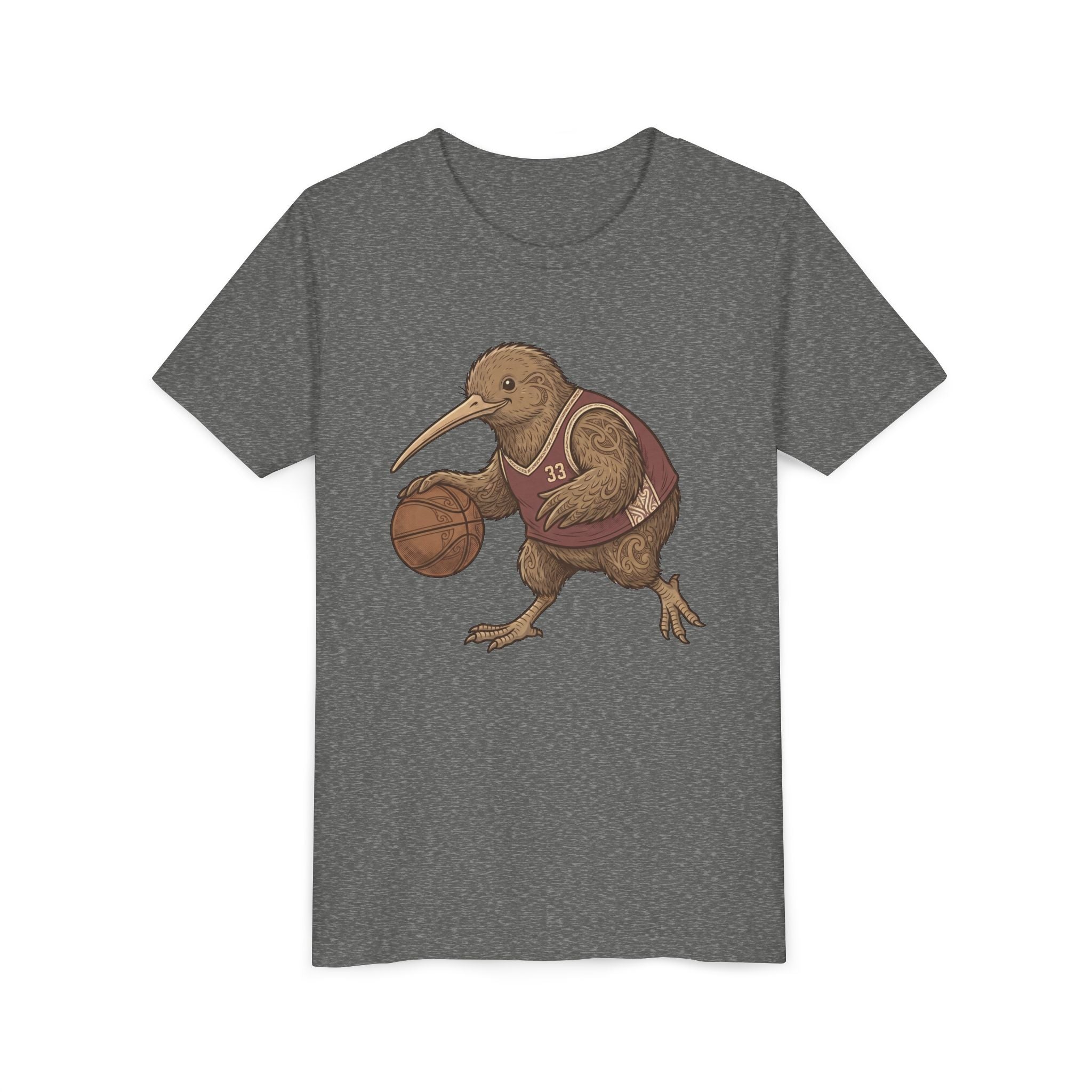 Kids Kiwi Basketball T‑Shirt — Cute Kiwi Bird Dribbling Graphic Tee