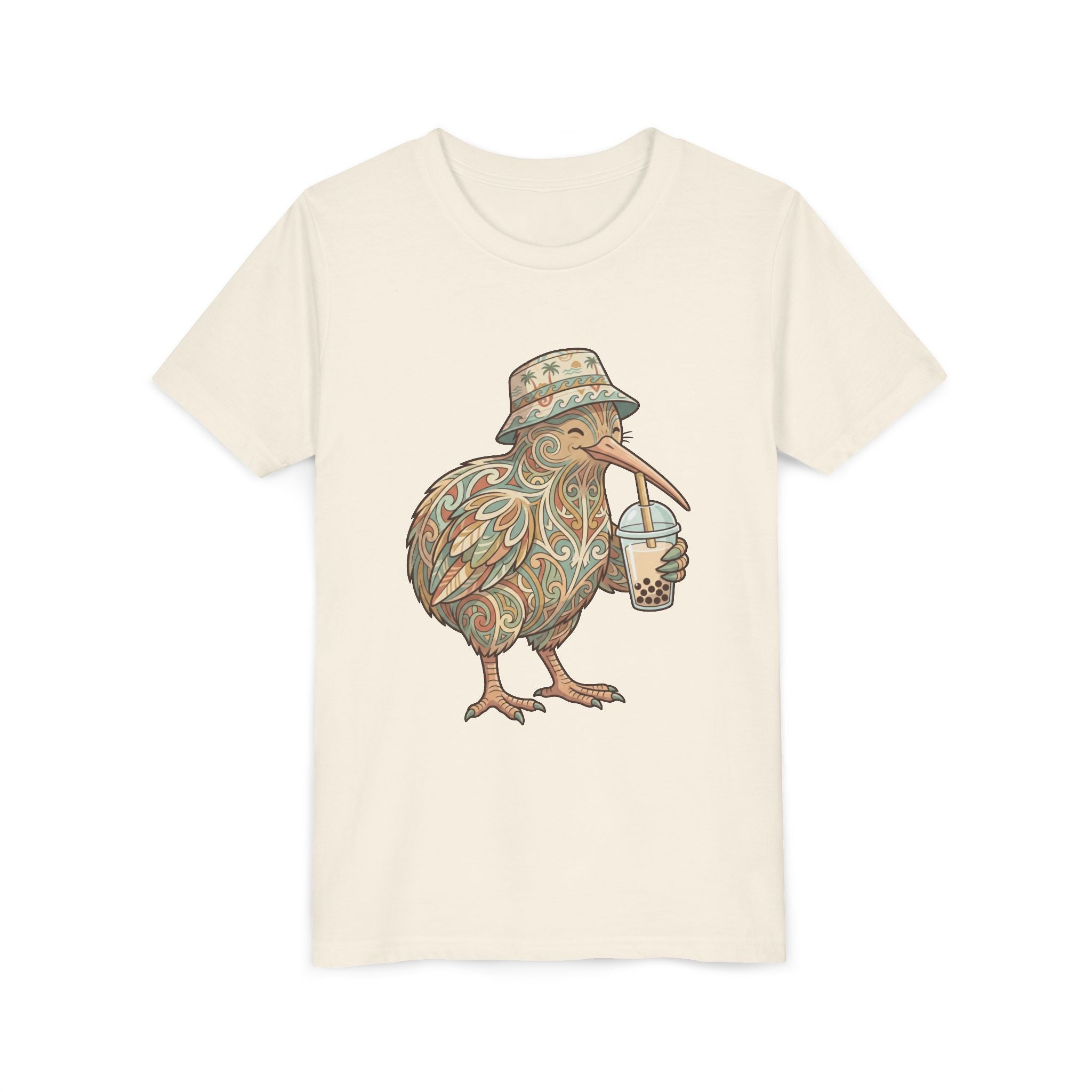 Youth Tee — Whimsical Kiwi Bird Drinking Bubble Tea Graphic