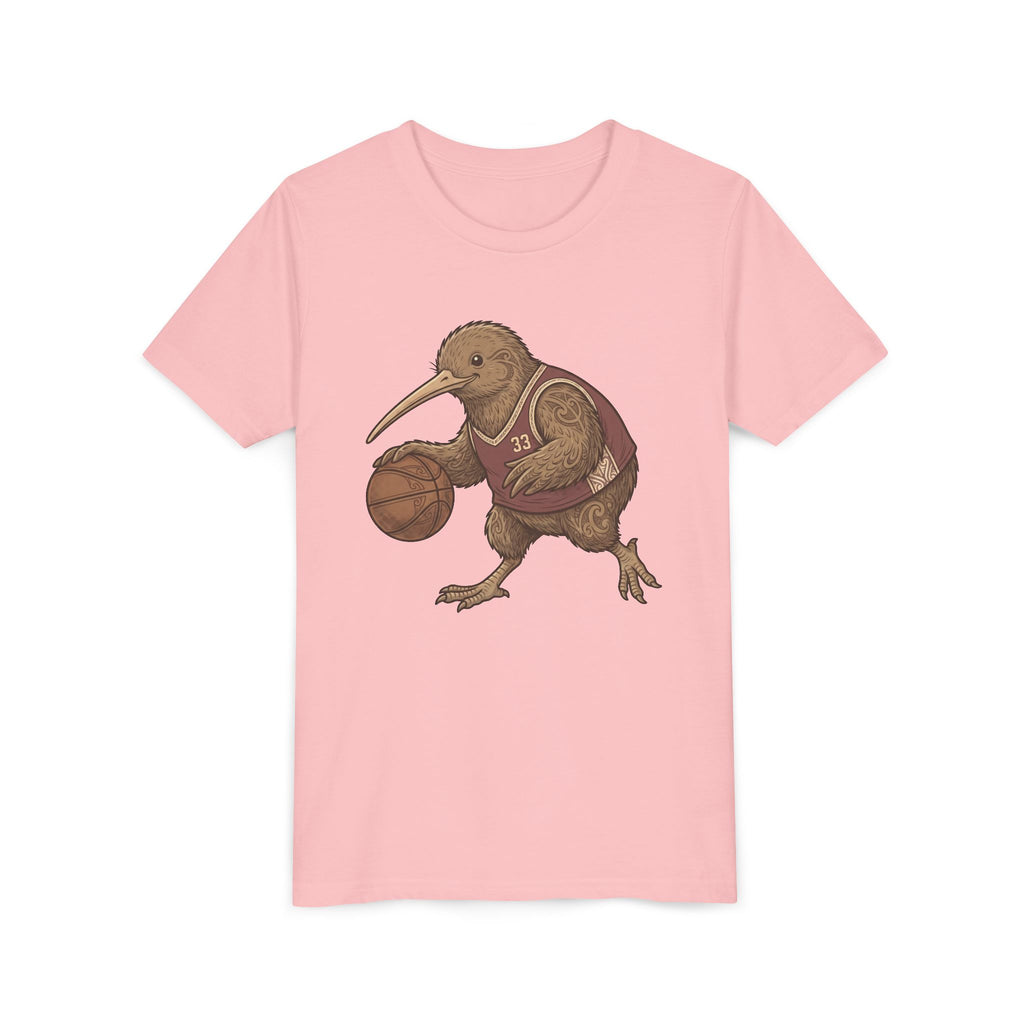 Kids Kiwi Basketball T‑Shirt — Cute Kiwi Bird Dribbling Graphic Tee