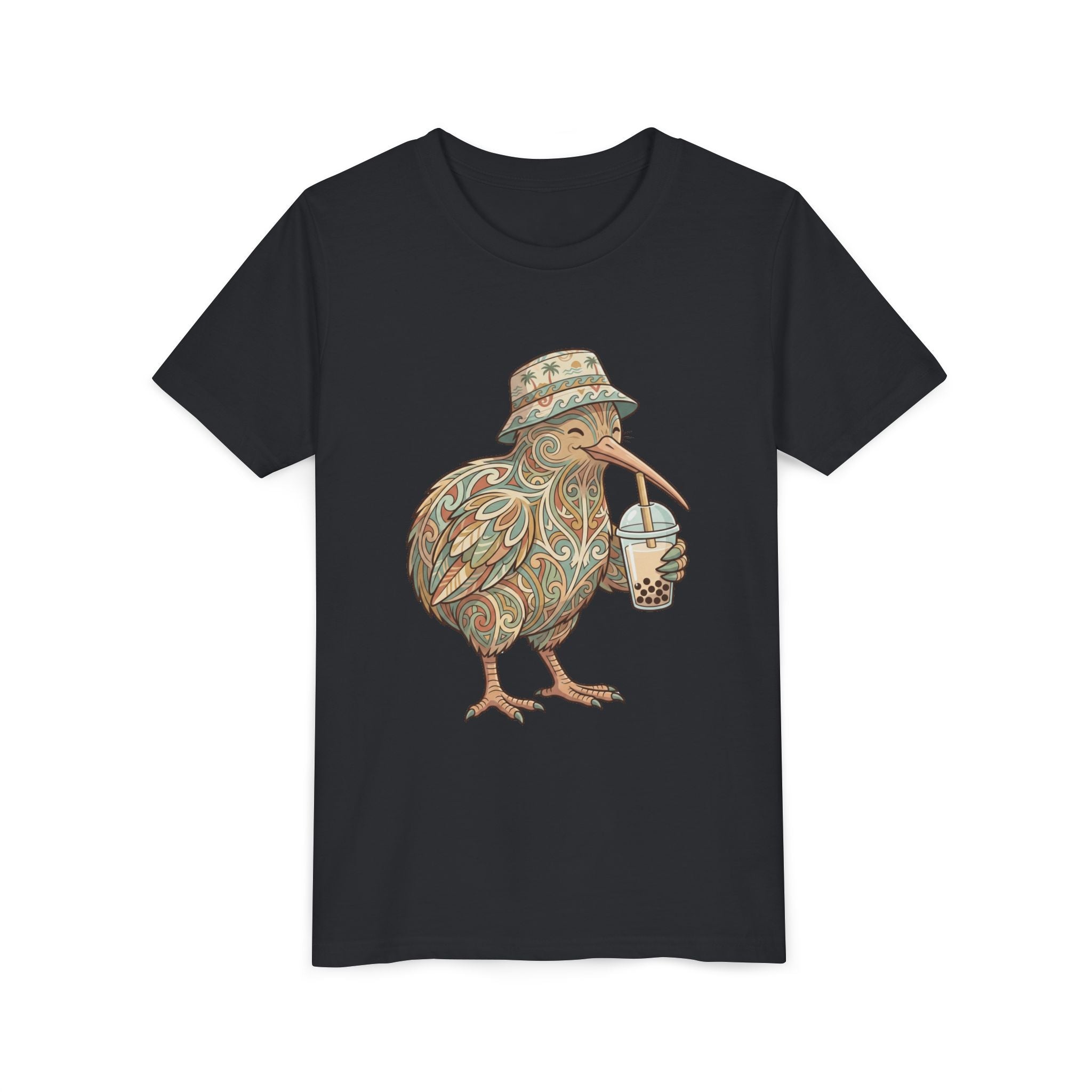 Youth Tee — Whimsical Kiwi Bird Drinking Bubble Tea Graphic