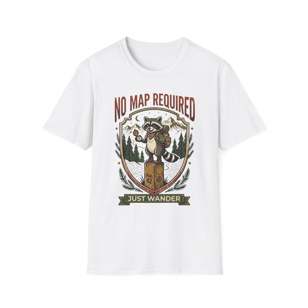 No Map Required Hiking T-Shirt — Cute Raccoon Backpacker Graphic Tee for Outdoor Lovers