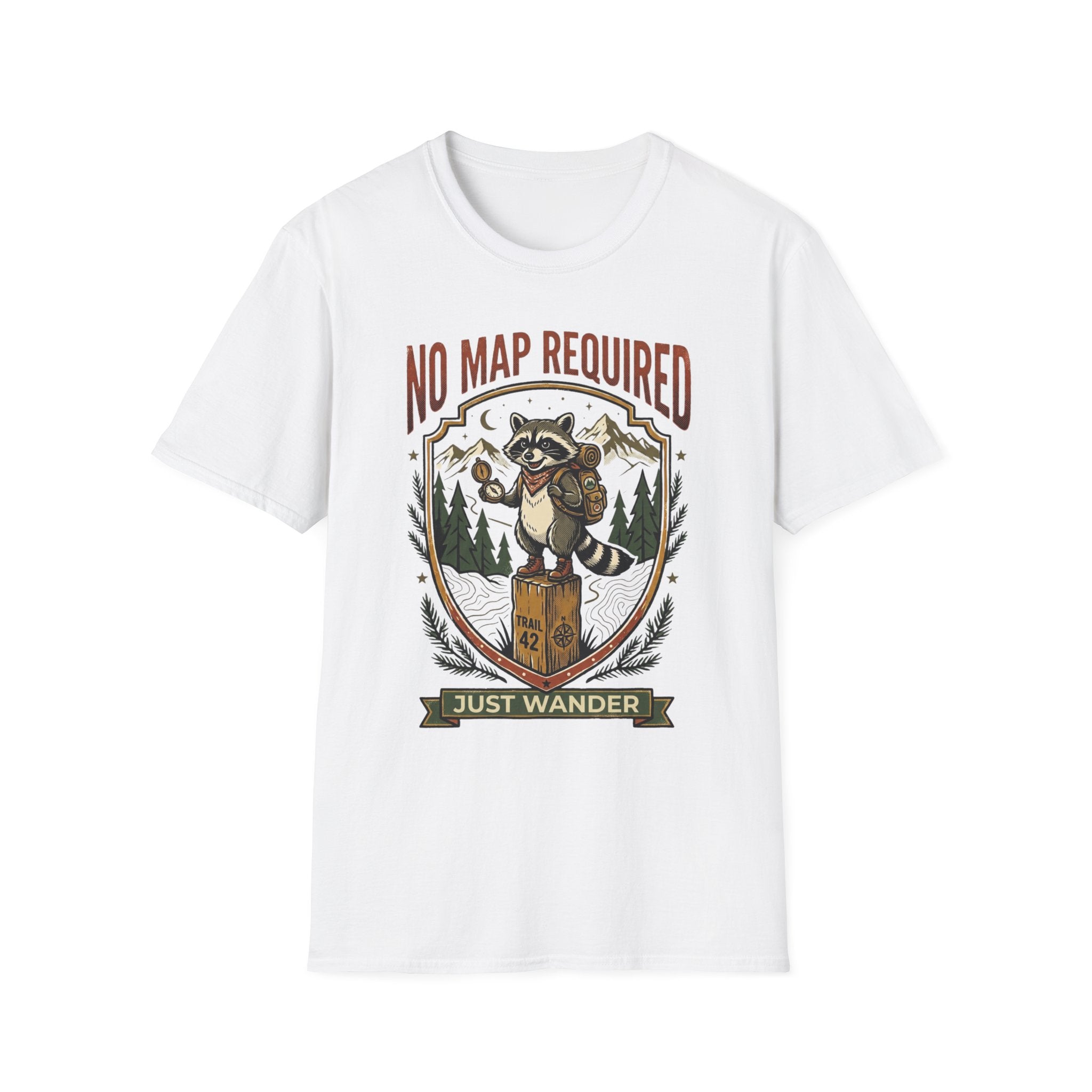 No Map Required Hiking T-Shirt — Cute Raccoon Backpacker Graphic Tee for Outdoor Lovers