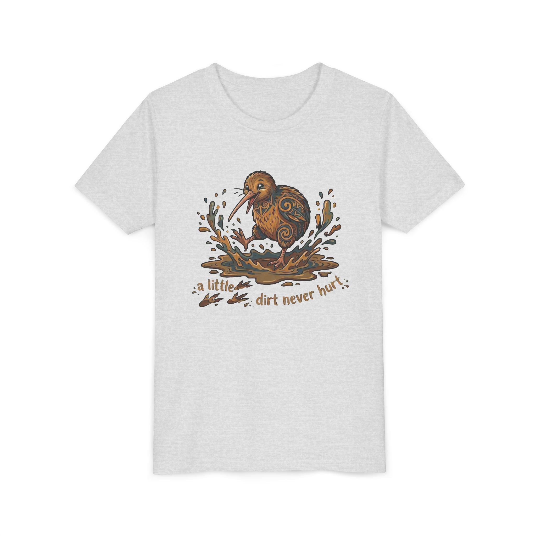 Youth Tee — Cute Kiwi Bird Splash “a little dirt never hurt” Kids Graphic Shirt