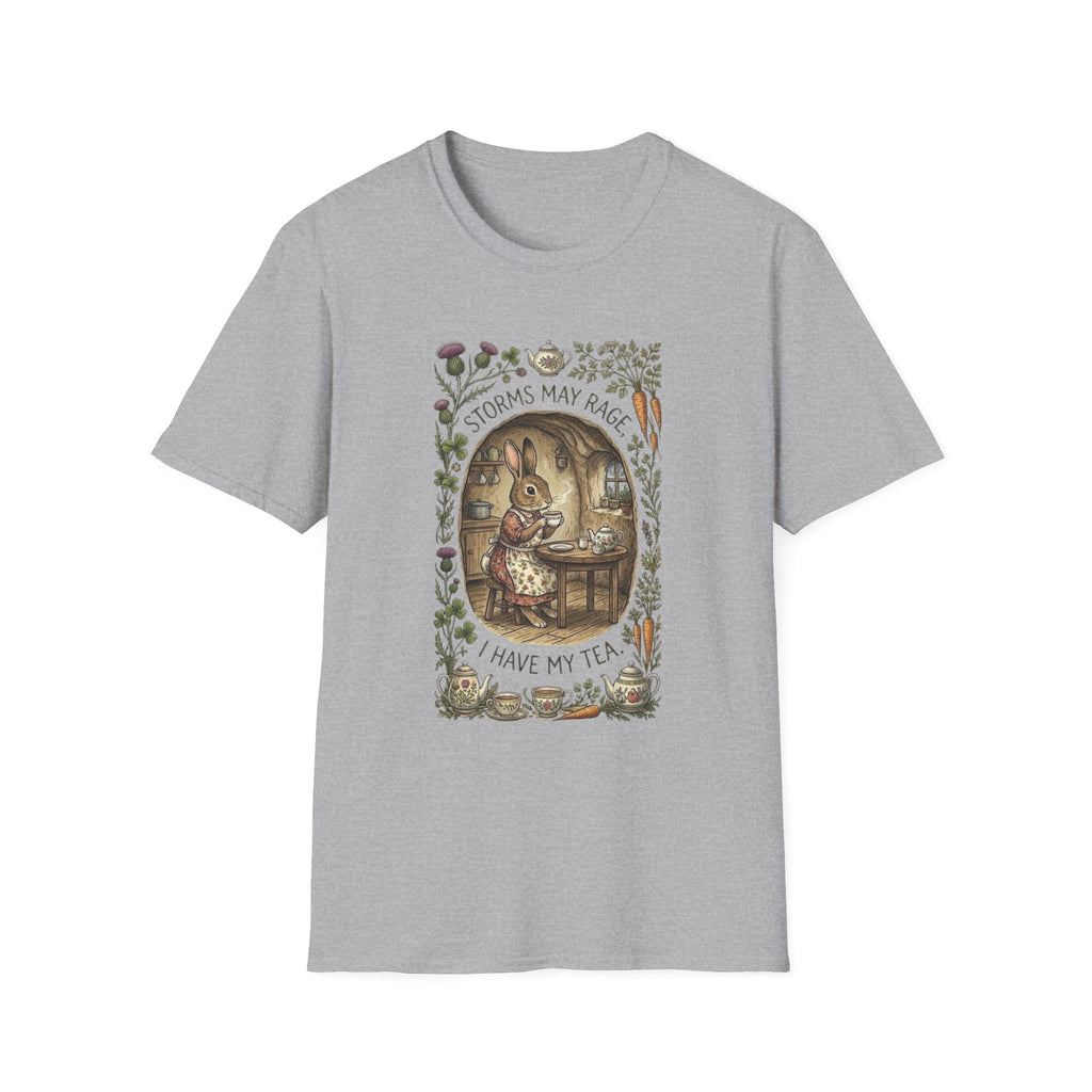 Storms May Rage I Have My Tea Rabbit Tee — Cozy Tea Time Woodland Shirt