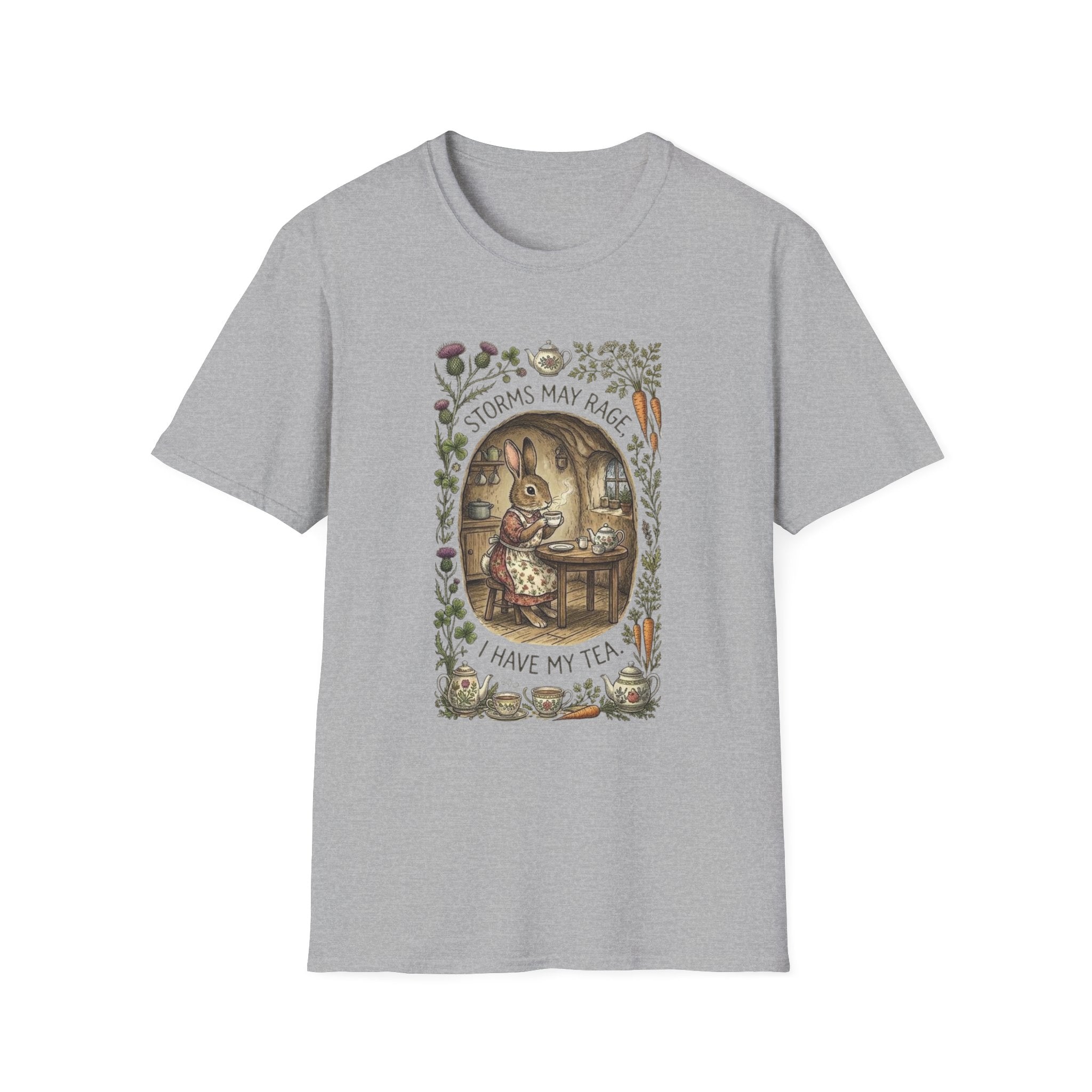 Storms May Rage I Have My Tea Rabbit Tee — Cozy Tea Time Woodland Shirt
