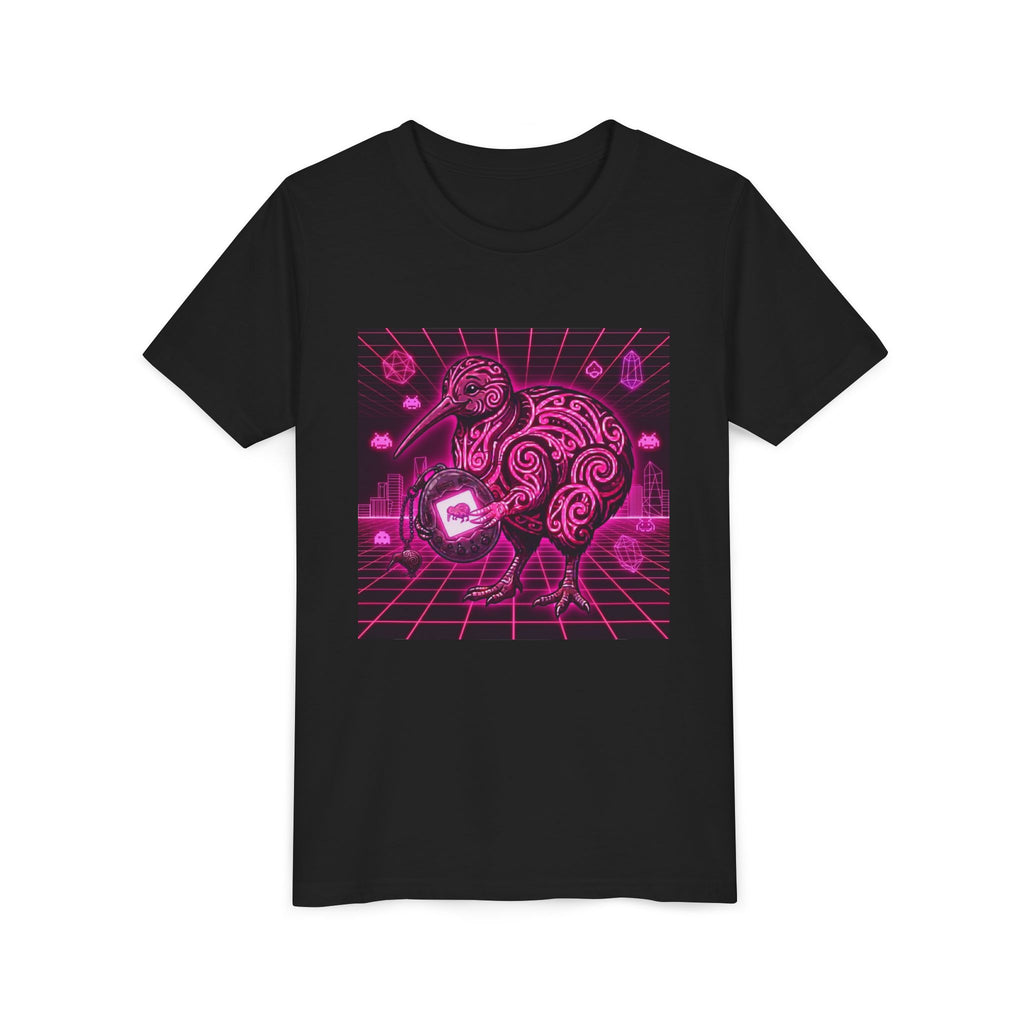 Tamagotchi Kiwi Youth Tee — Retro Neon Kiwi Graphic Shirt
