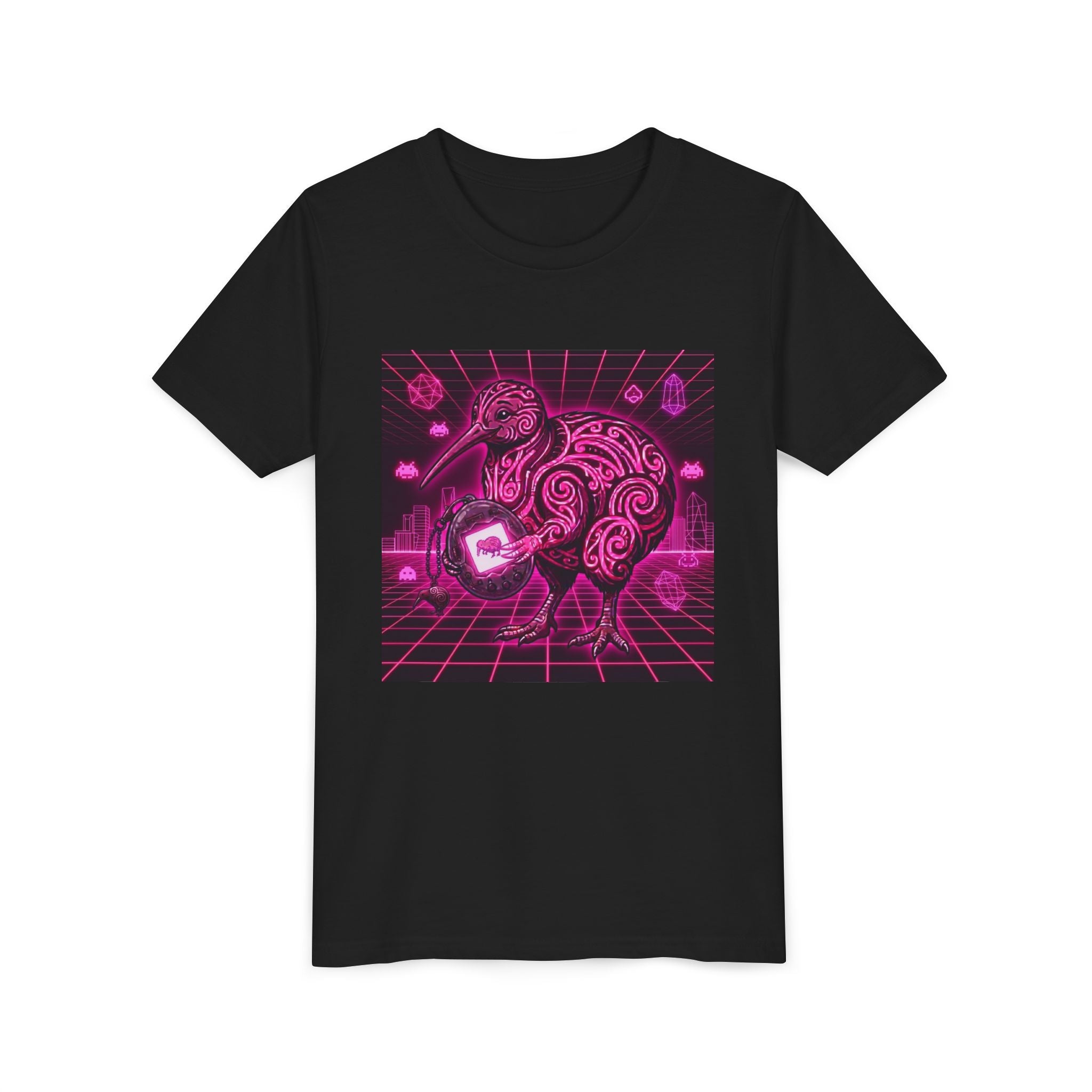 Tamagotchi Kiwi Youth Tee — Retro Neon Kiwi Graphic Shirt