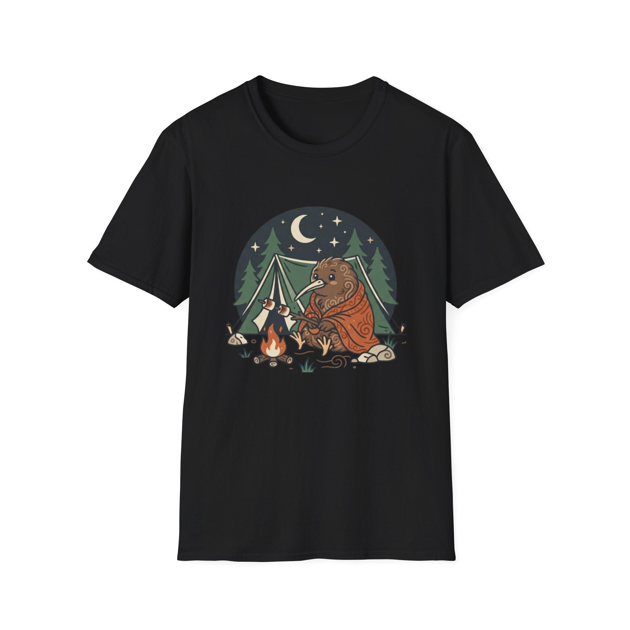 Camping Kiwi T-Shirt — Cute Kiwi Bird by Campfire Night Sky Tee
