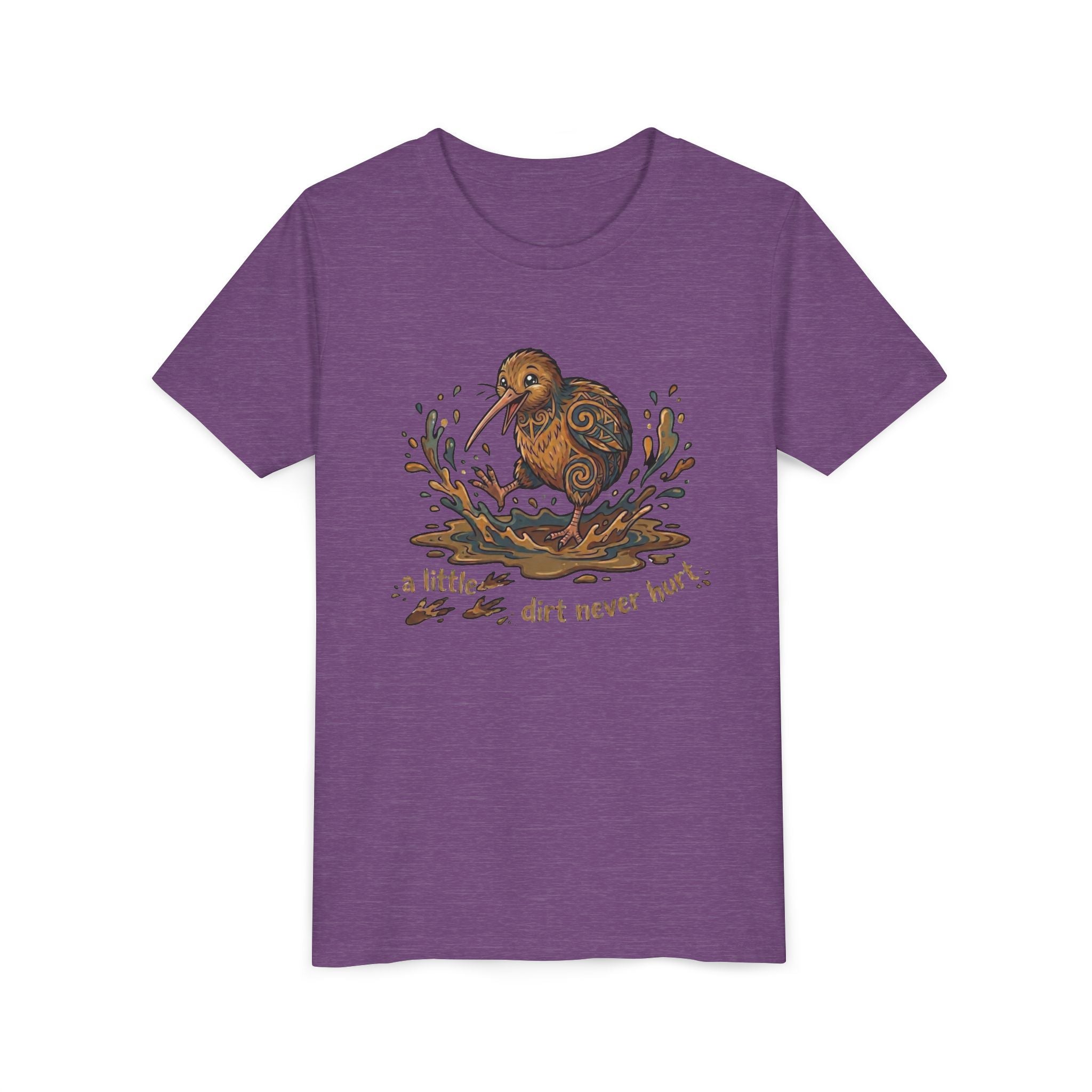 Youth Tee — Cute Kiwi Bird Splash “a little dirt never hurt” Kids Graphic Shirt