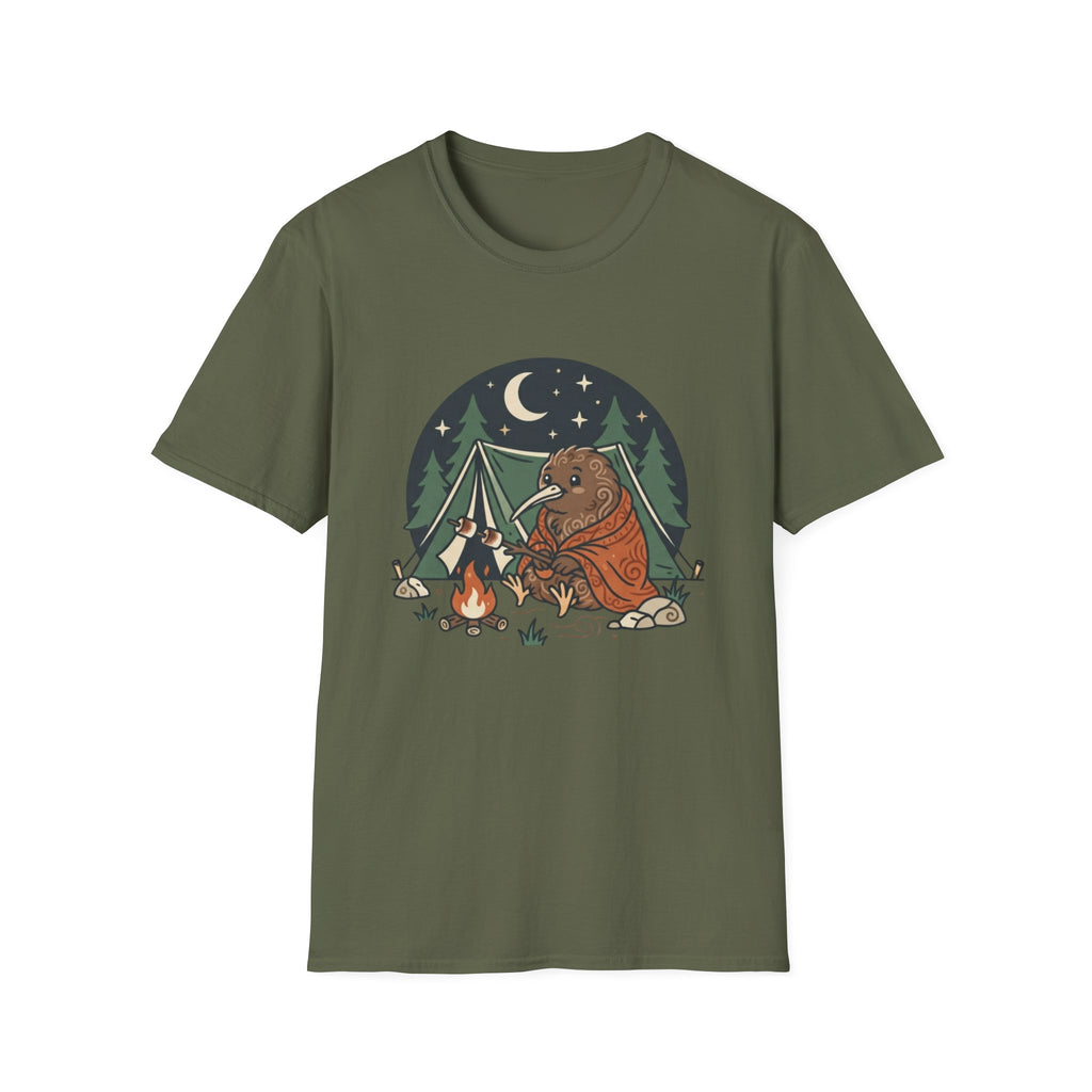 Camping Kiwi T-Shirt — Cute Kiwi Bird by Campfire Night Sky Tee