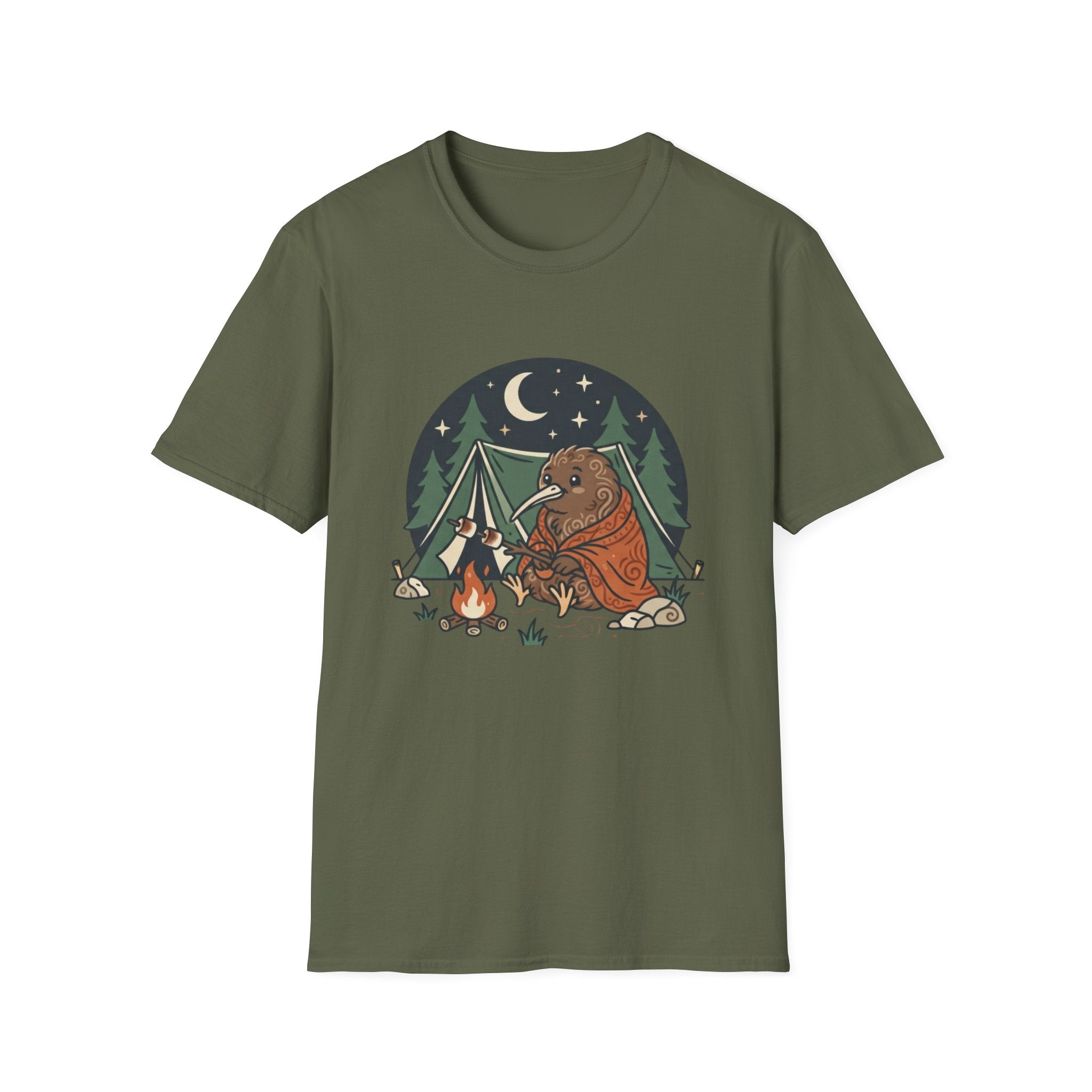 Camping Kiwi T-Shirt — Cute Kiwi Bird by Campfire Night Sky Tee