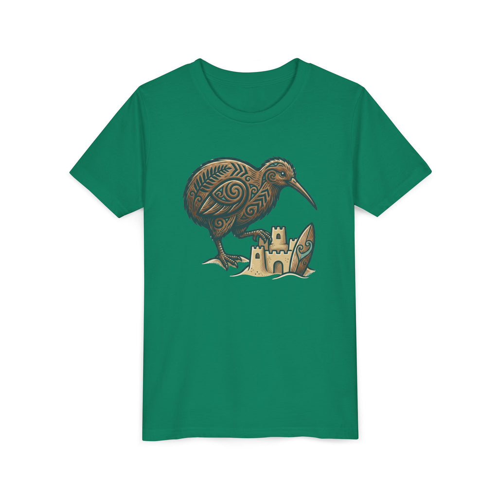 Youth Tee — Kiwi Bird & Sandcastle Kids T‑Shirt (Cute Beach Animal Design)