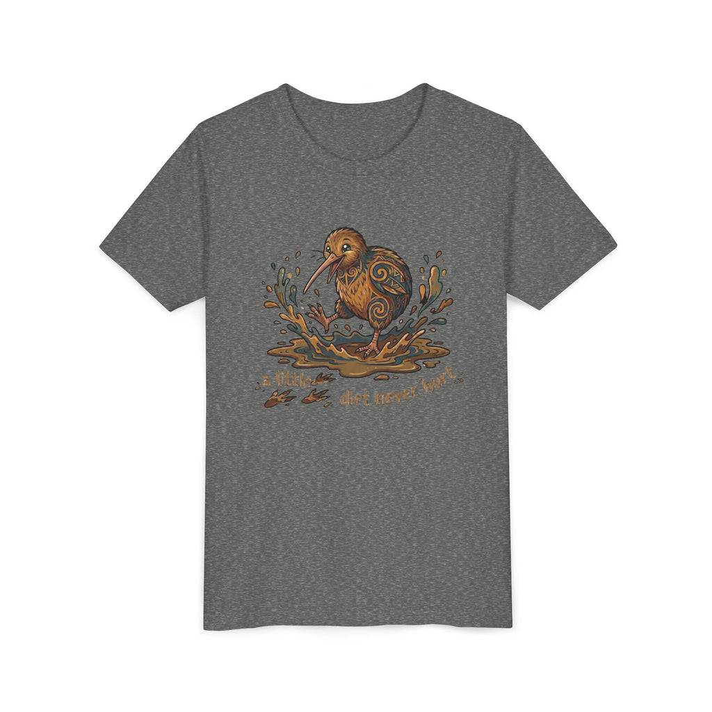 Youth Tee — Cute Kiwi Bird Splash “a little dirt never hurt” Kids Graphic Shirt