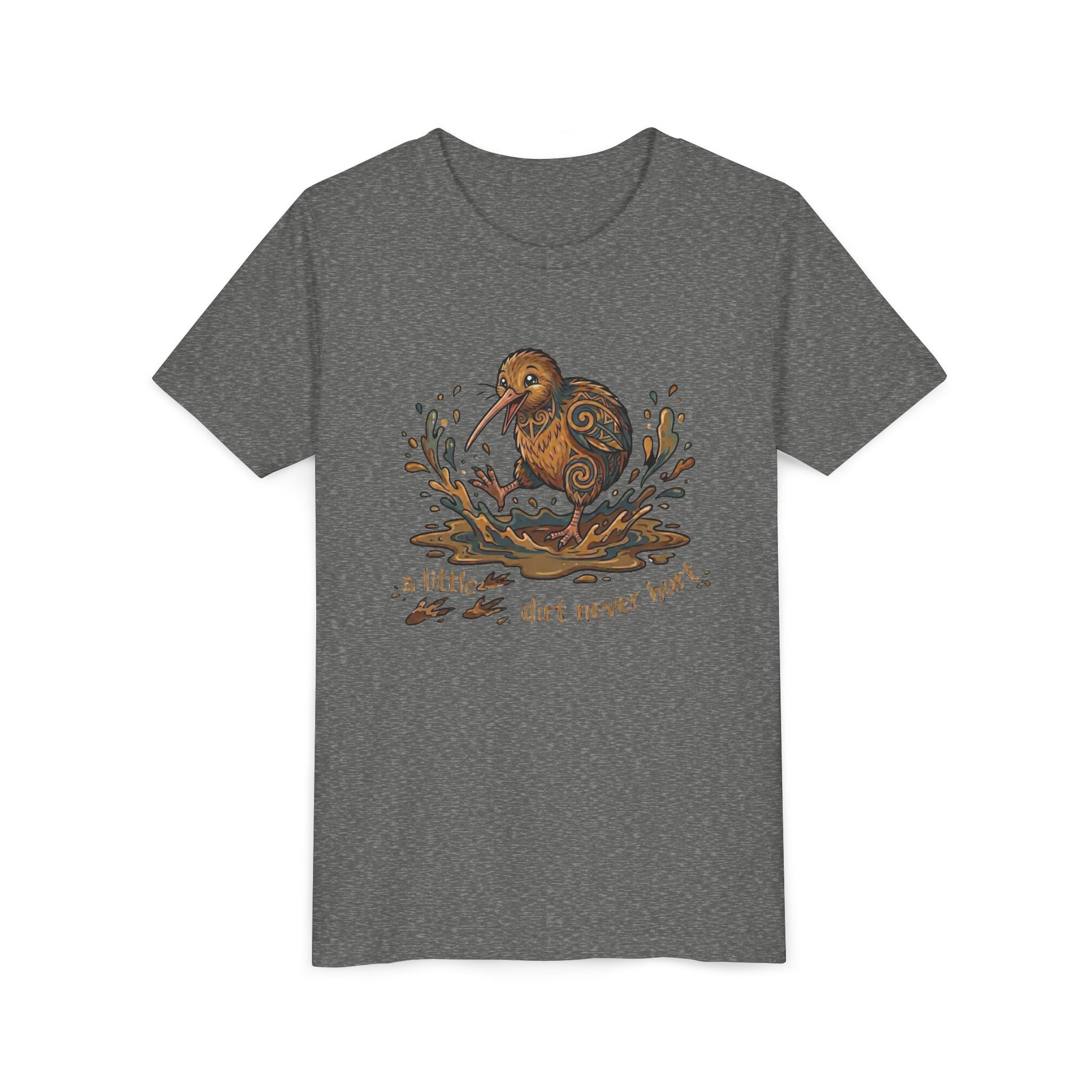 Youth Tee — Cute Kiwi Bird Splash “a little dirt never hurt” Kids Graphic Shirt