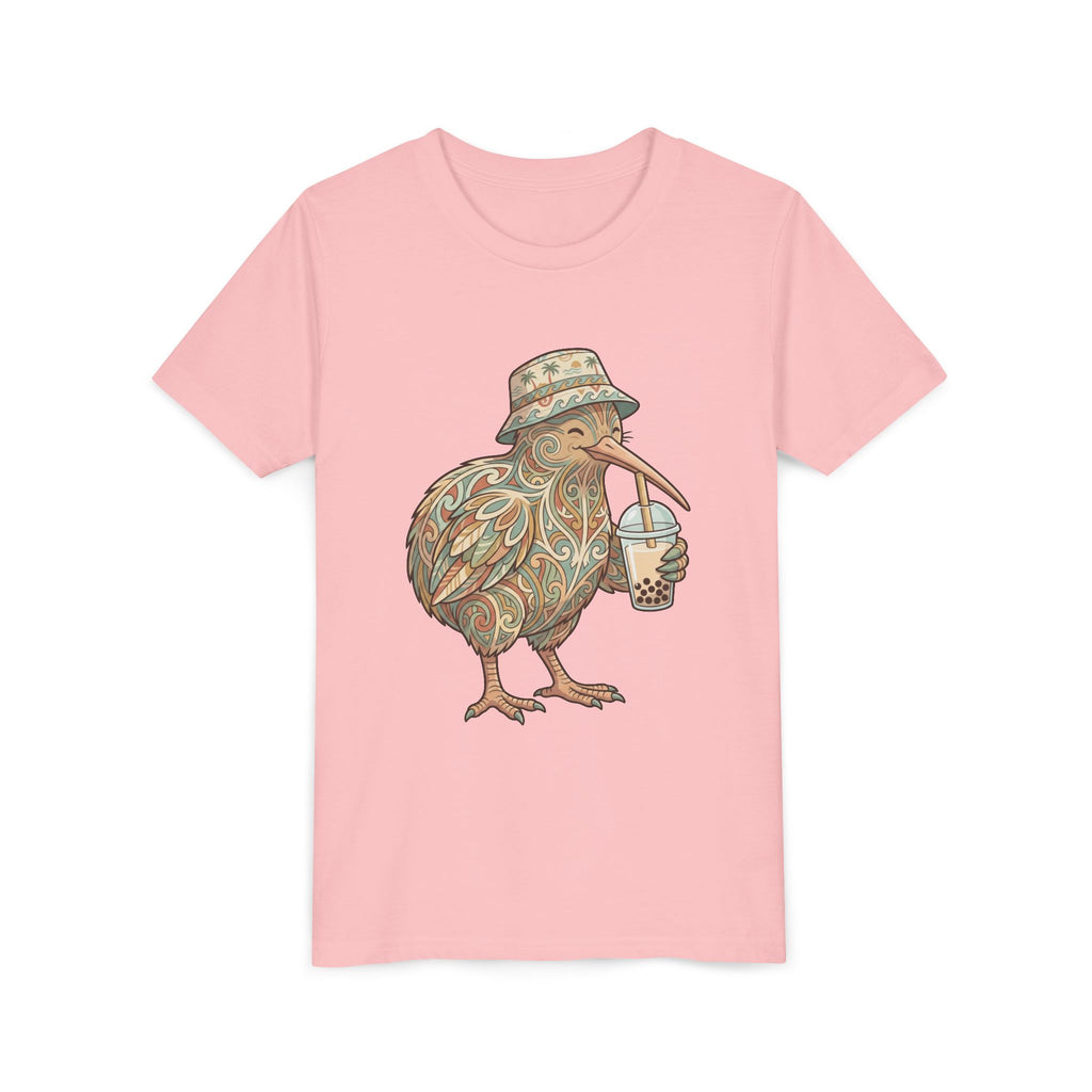 Youth Tee — Whimsical Kiwi Bird Drinking Bubble Tea Graphic