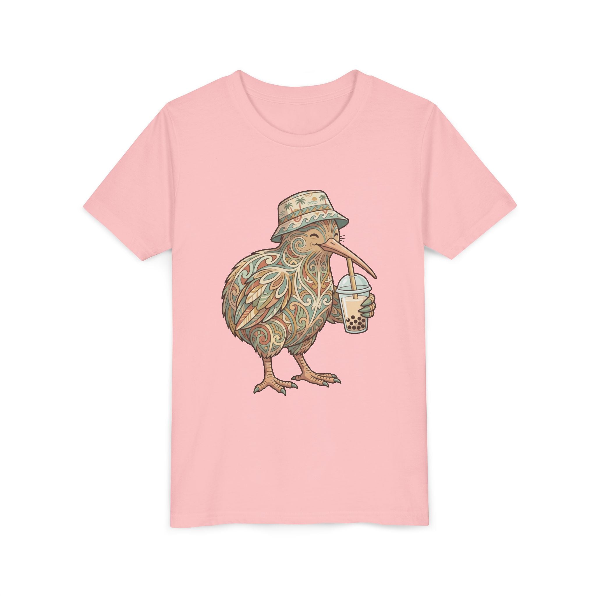 Youth Tee — Whimsical Kiwi Bird Drinking Bubble Tea Graphic