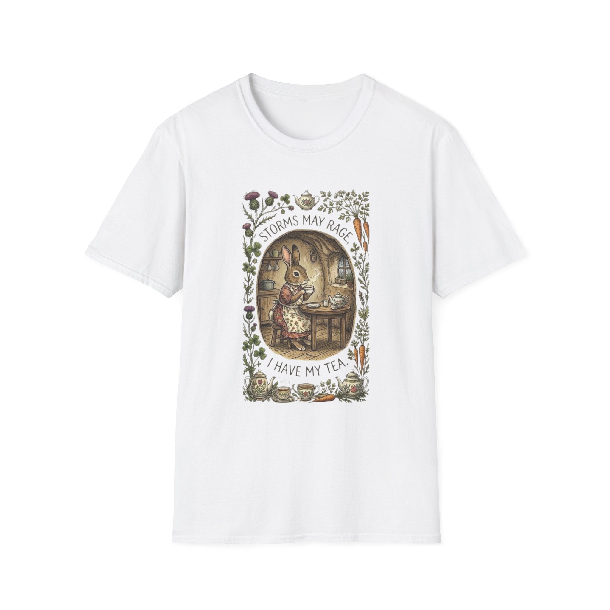 Storms May Rage I Have My Tea Rabbit Tee — Cozy Tea Time Woodland Shirt